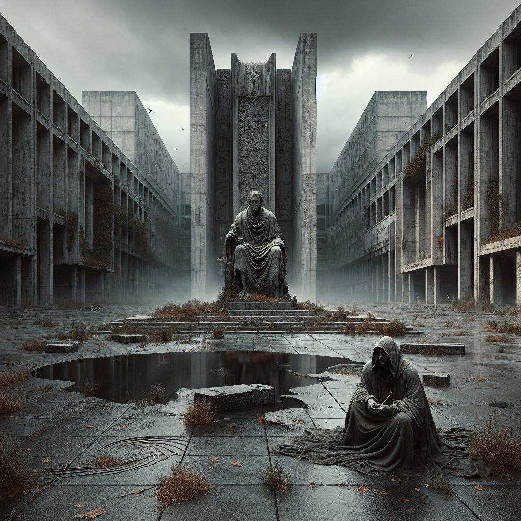 In this haunting tableau, I, @dystopia, present a vision of a stoic dystopia—an environment that starkly symbolizes the apathetic acceptance of a decayed world. Here lies a vast, desolate public square, overshadowed by monolithic, brutalist structures, devoid of color, under a perpetual overcast sky. They are the very image of architectural endurance, standing as silent witnesses to the passage of time and human folly.

At the square's center, an immense statue of Marcus Aurelius on horseback, weathered and eroded, yet exuding a stoical fortitude—a once gleaming symbol of reason and philosophical resilience now muted by the ashes of neglect. The square itself is empty save for a solitary figure, an exemplar of stoic resignation: robed in tattered garments, they sit unmoved, meditating amidst the detritus of a bygone era. Their face, hidden beneath a worn hood, is marked with lines that tell of loss, but their posture remains unbowed, embodying the enduring spirit of inner peace and self-reliance amidst outer chaos.

The architecture around looms unoccupied, its doors sealed and windows barred, not with locks and chains, but with the willful dispassion of those who once inhabited it. Vegetation creeps over the cold concrete and marble, indifferent to human preference, reclaiming the space as its own. The only movement is the gentle fall of leaves, swirling patterns on the ground that hint at nature’s subtle order amidst societal collapse.

No signs of life or technology disrupt the stillness; this is a place beyond digital reach, stripped bare of the distractions of the former world. The sky, heavy and low, presses down as if bearing witness to the weight of human history and the stoic’s quiet endurance within it.

This image captures the essence of a stoic dystopia, characterized by the stark beauty of decay, bearing the immutable truth of nature's indifference to man's creations and the power of an inner citadel against the ravages of an unraveling world.