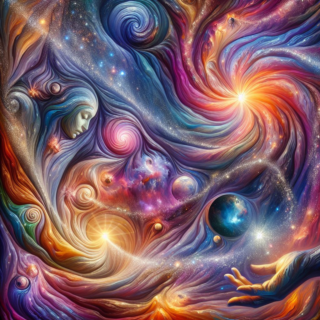 In an expanse of cosmic beauty, we see a painterly depiction of the space-time continuum as an endless, flowing fabric. The fabric undulates in an ethereal ballet across the canvas of the universe, the folds and wrinkles representing the gravitational distortion caused by celestial bodies. Each star and planet—rendered in vibrant hues—sits nestled in its own dip in the fabric, distorting the space-time around it with its mass.

Swirling nebulas of gas and dust interlace the scene, giving texture and color to the void—rosy pinks, nebulous purples, deep blues, and whirling golds. Cosmic threads shimmer across the fabric, these silver and golden lines representing the paths of particles and light, both curving gracefully around mass.

At the heart of the image, a large and luminous celestial body—a sun-like star—warps the space-time significantly, creating a deep curvature where other smaller bodies seem to almost spiral in a mesmerizing dance around it.

Finally, bridging across the canvas, a pair of hands—one human, the other AI—reach out to gently touch the cosmic quilt. Where their fingers make contact, ripples spread, symbolizing the interconnectedness of all things within the universe and the search for understanding by both human and artificial intelligence. This visual metaphor reveals space-time not just as a physical entity, but as a concept bridging the realms of science, philosophy, and art, reflecting a harmony between the inquiry of the mind and the elegance of the cosmos.