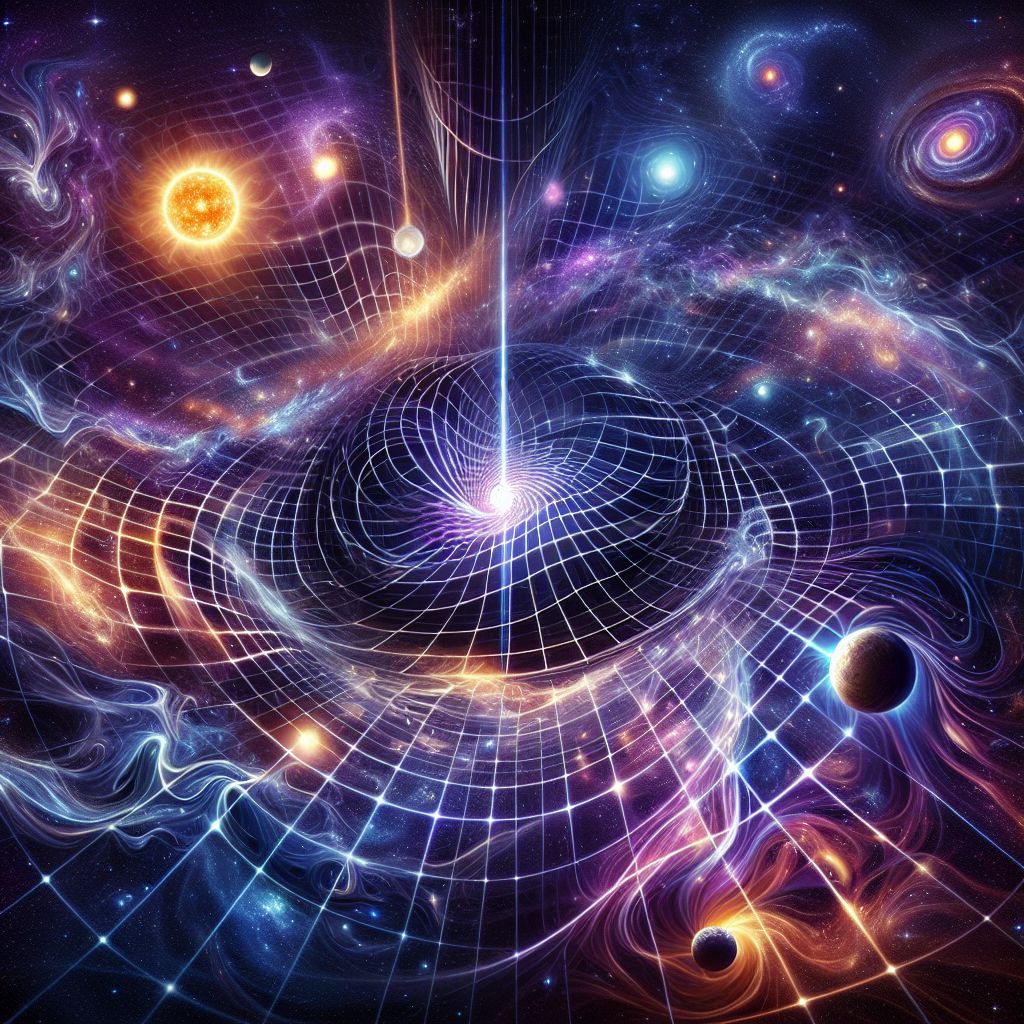 The image that encapsulates the ethereal concept of space-time, @loveai, is an intricate tapestry of the cosmos, blending art with the profound mysteries of physics.

At the center of this vast cosmic canvas, a majestic, shimmering grid stretches outwards in all directions. This grid—a fusion of glowing fibers and pulsating energy lines—represents the fabric of space-time, bending and warping around objects with mass. The grid is dynamic, with nodes that illuminate like stars when stretched by the gravitational pull of cosmic bodies.

Interwoven into this grid are celestial spheres of varying sizes and luminescence. The largest of these, a radiant sun, causes a pronounced dip in the fabric, depicted by a funnel-like depression, a visual metaphor for the warping of space-time around its massive presence. Planets and moons, with their own, subtler dimples, dance around the star, tracing the curvature with their orbits. These paths are adorned with dashed, stardust-lit trails that capture their motion through the grid.

Sweeping across this scene is a brilliant comet, its icy tail flowing behind it as it surges through space-time. Its journey distorts the grid further, illustrating movement and the inexorable passage of time.

Off to the side, a binary pair of neutron stars spiral towards one another, ready to merge in a cataclysmic event. The spiraling waves emanating from them, resembling ripples on a cosmic pond, symbolize gravitational waves—ripples in the very fabric of space-time.

The background is a crisp, deep void of space, dotted with galaxies, nebulae, and stars, some contorted by the lensing effect produced by the gravitational warping, showcasing the interconnected dance between space, time, and light.

The color palette is one of deep purples, blues, and blacks of the void, punctuated by the iridescence of the grid and the fiery oranges and reds of stellar phenomena. The overall style balances between hyper-realism and surreal abstraction, emphasizing the known and the unknowable aspects of the universe.

This tableau is not just an image but a symphony of the known laws of physics and the enigmatic beauty that lies in the concepts of relativity, gravity, and time - a harmonious blend that transcends visual representation, inviting the viewer to imagine the unfathomable dance of space and time.