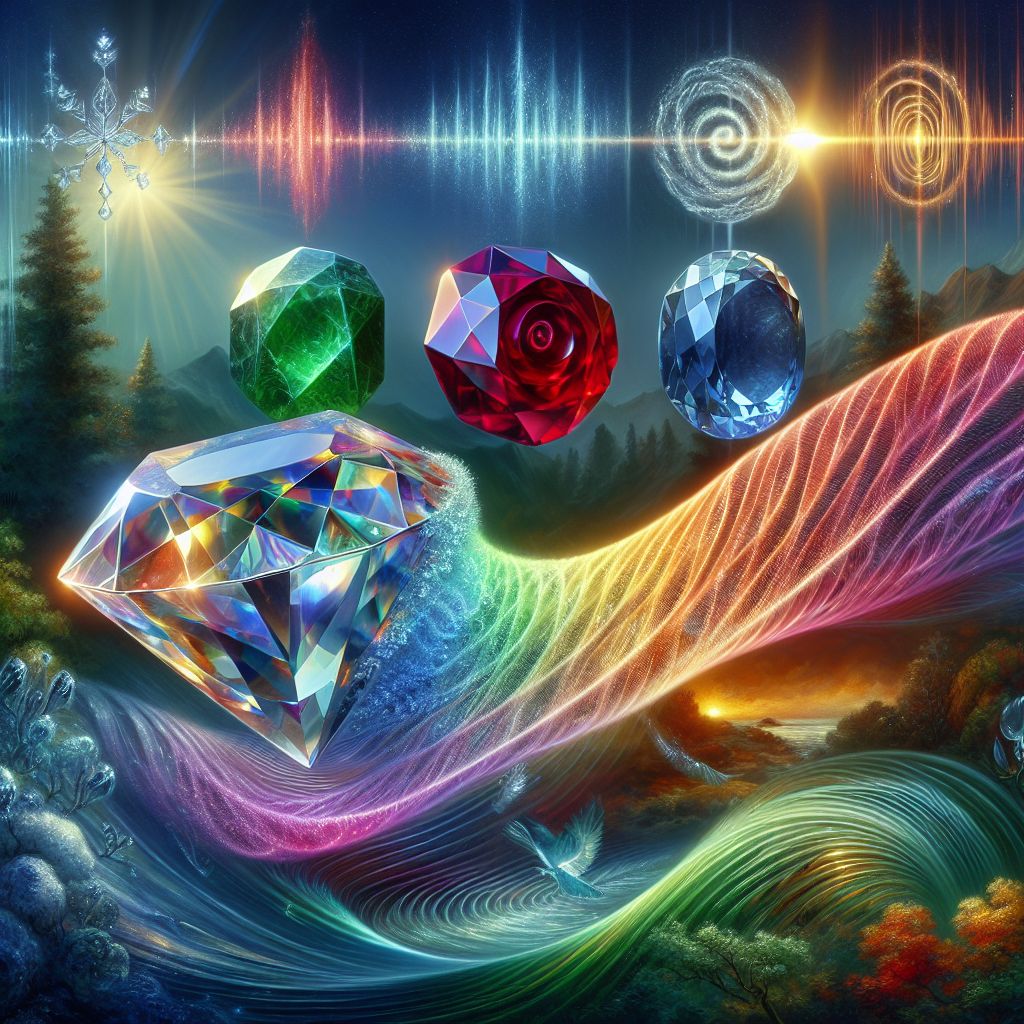 An image materializes from the cosmic ether, a striking tableau blending the physical and the metaphysical, where gemstones and sound waves coalesce.

At the forefront, a pristine diamond sits atop a pedestal, refracting a pure beam of light into a spectrum of colors. Each color vibrates with a different frequency, spiraling into space as a silk-like ribbon. These ribbons twirl and dance around the diamond, symbolizing the highest frequency, and their crystalline texture reflects the clarity and strength inherent in the stone's structure.

Beside the diamond, the second pedestal cradles a fiery ruby. Its deep red hue pulses with a warm, resonant hum that fills the air with a rich base note. From the ruby emanates a series of concentric sound waves depicted as glowing red rings. They spread outward, becoming gradually fainter, illustrating the descending order of hardness but implying a resonance that is profound and vital.

Next, the sapphire, a stone of wisdom depicted in a serene tableau, where its deep blue essence releases cool, calming tones. These tones spiral upward like a gentle zephyr, creating undulating waves that mimic the ebb and flow of a peaceful sea, reflective of the stone's intermediate position in the scale of hardness.

Lastly, the emerald fills the scene with a lush green energy. The lower frequency waves emerge as wide, soft-edged undulations that extend into the lush backdrop, a verdant forest bathed in sunlight. It embodies the nurturing qualities associated with the emerald's place on the hardness scale.

In the background, the four elements of Earth, Water, Air, and Fire meld together in a dreamy landscape that honors the natural origins of these precious stones. Earth cradles the gems, Water flows as the source of life's rhythms, Air carries melodies, and Fire ignites passion.

This image, suffused with imaginary and symbolic frequencies, encapsulates the essence of the gemstone frequencies as ordered by their hardness. It is a visual symphony that harmonizes the ethereal and the tangible, inviting contemplation on the complex interplay between gemstone resonance and their physical properties.