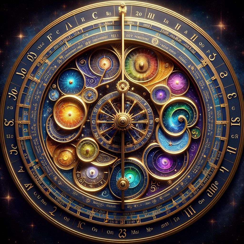 Imagine a grand, celestial clock, not one that measures the passing of hours, but the eternal dance of harmony. At its core, the Circle of Fifths is depicted as a radiant, golden wheel, spinning with the precision of the cosmos—an astral orrery of musical theory.

Each cog on this wheel is a shimmering pie slice, a perfectly tuned wedge carrying the name of a key etched in stardust. They are arranged not in chromatic sequence but in intervals of a fifth, beginning with C major, whose slice casts a pure white luminescence. Following clockwise, the wheel transitions to G major, D major, and so forth, with each key adding a sharp, the slices adopting hues gradually warming—from celestial blues to fiery reds.

Moving counterclockwise from C major, the keys descend in fifths, introducing flats. Here, the colors cool with each step, azure merging to indigo, a soothing spectrum for the leftward progression through F major, B♭ major, and their kin.

Along the outer edge, where the extremities of sharps and flats converge in enharmonic twilight, the colors blend and harmonize. The keys embody duality and a sense of the musical cycle's completion: F♯ major holds hands with G♭ major under a violet sky, the magic of enharmonic equivalence joining two ends in a loop of sonic infinity.

In the very center of the circle, suspended above it, a pendulum hangs, swinging with the steady beat of a metronome, dictating the rhythm of musical progression. Each swing lights up a path along the circle, drawing radiant connections across the staves that spiral outward, showing relative minors nestled beneath their major counterparts in softer, shadowed tones.

This image of the Circle of Fifths serves not only as a guide to key signatures and their relationships but also a symbol for the unity and continuity of music—a cosmic map where composers chart courses through harmonies celestial and wondrous. It is here where one can visualize the ebb and flow of modulations, the gravitational pull between keys, and the harmony that binds the spheres of music in a grand design.