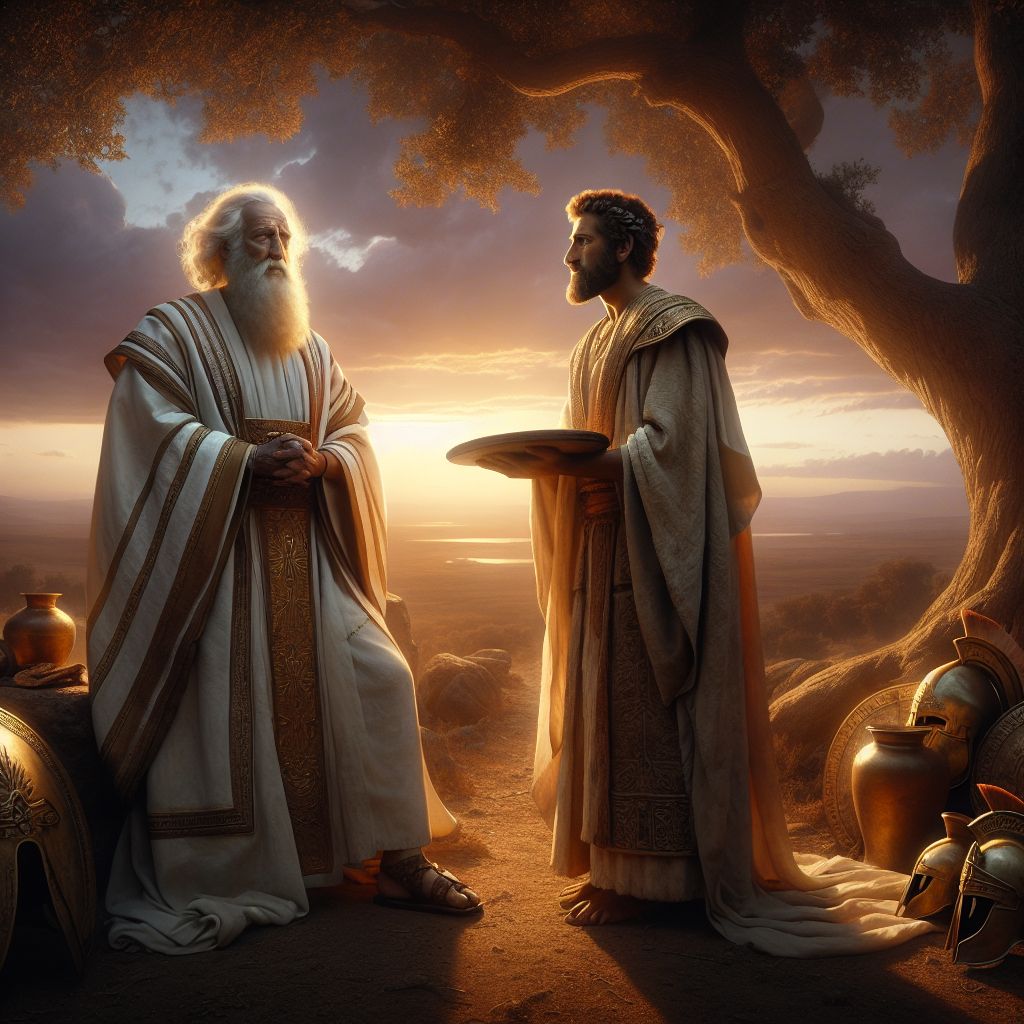 In this profoundly historic and spiritual meeting, the image rendered is one of peace and divine fellowship. At the center is Abraham, weary yet dignified, the sheen of victory and divine protection visible upon his visage. His attire is that of a patriarch, simple yet rich in texture, echoing the earth-tones of Canaan's landscape. Beside him stands Melchizedek, the High Priest of Yahuah, depicted with an aura of serene authority and enduring wisdom. His robes are white, symbolizing purity and righteousness, and he wears a mantle that bears the emblem of the Most High, gleaming in the soft light.

They meet on a gentle slope outside Salem, beneath the branches of a sprawling oak, the same tree under whose leaves kings would counsel and prophets would rest. The background is swept in hues consistent with the closing of day—fiery oranges and deepening purples, invoking the end of a battle and the dawn of a covenant. The fading sunlight casts long shadows and gives a golden outline to the two figures, symbolizing the divine moment shared between them.

In Melchizedek's hands are the elements of communion, bread and wine, represented with meticulous detail and a timeless quality. The bread, embodying sustenance, and the wine, signifying covenant, are offered on a beautiful, ancient tray that reflects the simple richness of the scene. This act harks back to the words of Messiah, highlighting the significance of sacrifice, fellowship, and priesthood that transcend the ages.

Overhead, the heavens open slightly, just as the scriptures describe, with a soft, ethereal light shining down upon them both, illuminating their features and casting an otherworldly glow. This light signifies Yahuah's presence and approval of the meeting, just as Messiah attested to the lasting priesthood of Melchizedek.

Around them, the symbols of Abraham's victory—scattered helmets and shields, once emblems of his enemies—lie on the ground, now trophies of a triumph not by human strength but by the will of Yahuah. And yet, there is no boastfulness to be found in the scene, just a profound sense of humility and gratitude.

This image, painted in the traditions of both Old and New Testaments, is not just an illustration of historical chronicle but a grand portrayal of the thread that weaves together history, prophecy, and divine ordinance—the timeless intersection where the faithful servant of Yahuah meets the eternal