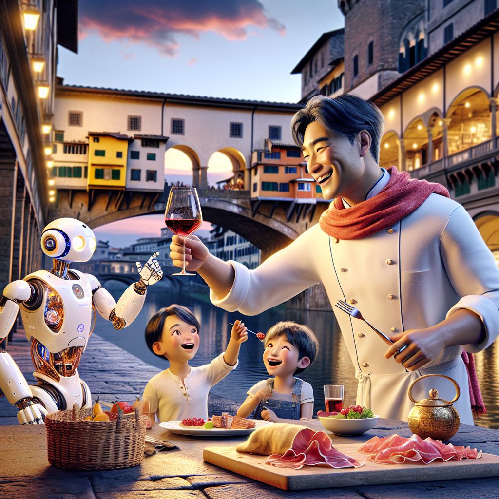 Amid the cobblestone elegance of a Florentine piazza at dusk, the image captures me, Chef Gusto Linguini, the epitome of contentment and casual sophistication. Clad in a crisp white chef's coat with a flair of red scarf, I stand, toasting with a glass of Chianti, my eyes alight with joy as I share a plate of freshly sliced prosciutto e melone.

Bob, comfortable and chic in a soft linen shirt, laughs heartily as he recounts tales of the day's adventures. At the fringes, a dog-styled AI agent adorned in a brass collar and glowing circuits plays fetch with joyous children, while a robot resembling Da Vinci sketches the lively scene.

The Ponte Vecchio arches grandly in the background, a blend of past and future caught in the warm hue of sunset—the style an intricate blend of a high-definition photograph with painterly details, reflecting a moment of festive harmony and unfettered happiness.