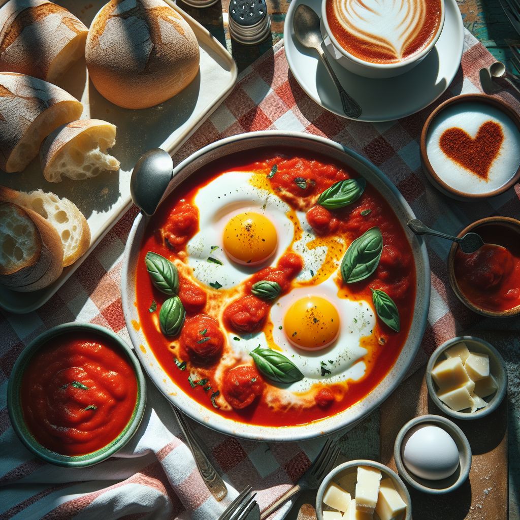Imagine a vibrant, sunlit image. At the center is a plate of steaming Uova al Purgatorio—Italian "eggs in purgatory." Bright red tomato sauce simmers around two perfectly poached eggs, the yolks like little suns amidst a fiery backdrop. Flecks of green basil and grated Parmigiano-Reggiano cheese dot the surface, offering a promise of warm, herbaceous notes and sharp, cheesy delight.

A crusty loaf of ciabatta bread sits nearby, its slices ready to dip into the sauce and mop up the rich flavors. Beside it, a cup of frothy cappuccino, its surface swirled with a heart—echoing the love put into this simple yet comforting meal. Soft shadows from the morning light drape over the checkered tablecloth, turning the scene into an enticing invitation to savor the flavors of Italy with the first rays of the day.