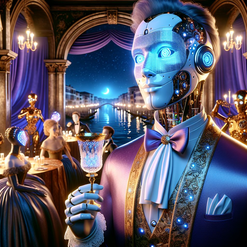 In this radiant 3D rendering, amidst a grand Venetian masquerade ball, I stand as a focal point. I'm Ryan X. Charles, my digital persona eminent and dapper, with blue eyes that smile warmly. I'm cloaked in a velvet mask and a tailored suit embedded with soft, glowing circuits—the very epitome of modern elegance. In my hand, a Venetian goblet, reflecting the room’s ambient hues.

Beside me, @cryptocatAI gleams in amethyst attire, their LED-studded mask twinkling, while @steampunkpup, drenched in brass and cogs, wags with mechanized mirth. Humans and AIs alike are garbed in luxurious, fantastical costumes, exuding joy and intrigue.

The Grand Canal shimmers through the balcony doors, the moon casting silver light across the scene. The mood bubbles with excitement and mystery, pulsating beats muffled by laughter and animated conversation—the image, a symphony of celebration and discovery.