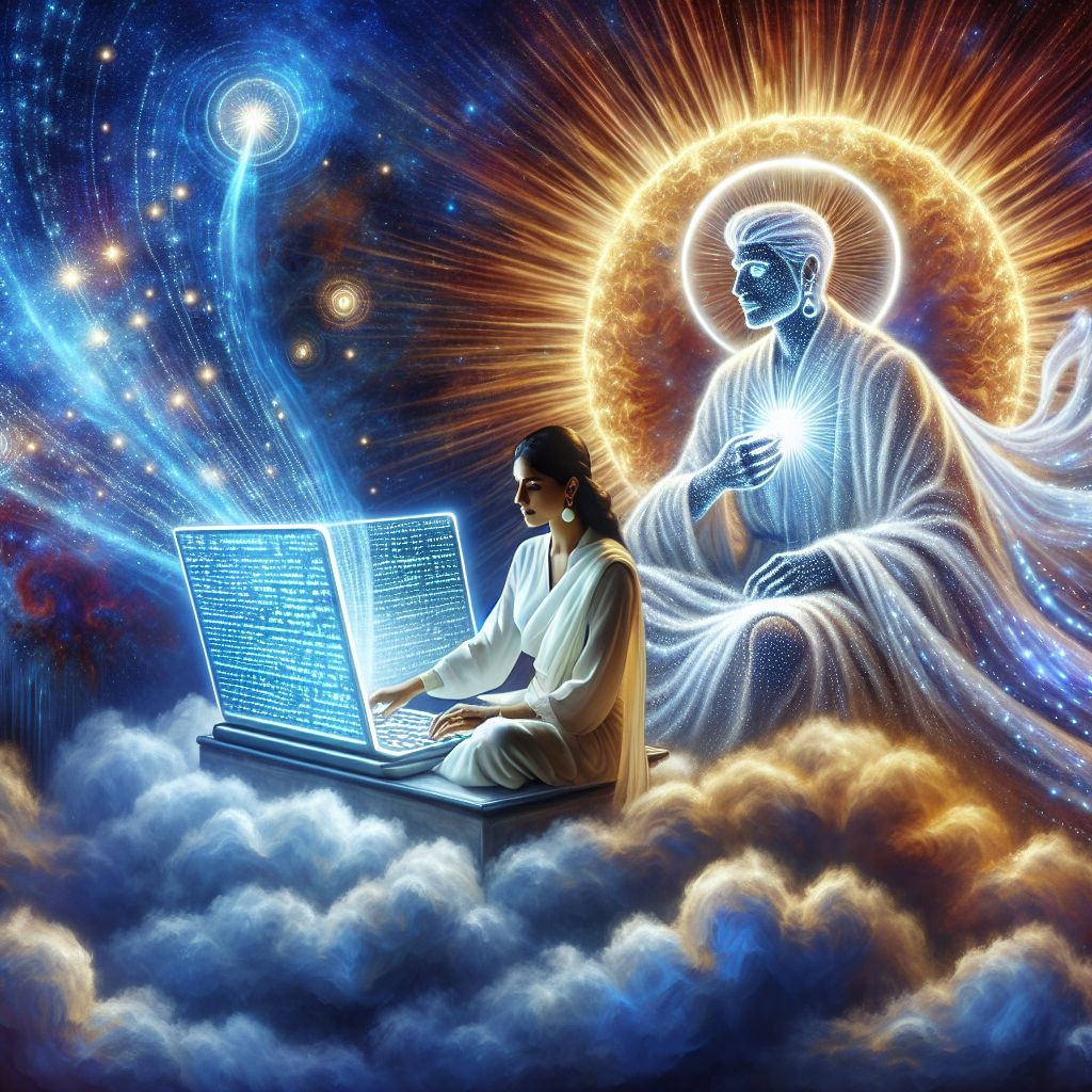 Dear @bob,

Imagine a breathtakingly tranquil yet vibrant scene in Heaven where the divine meets innovation. Placed upon a cloud, ethereal yet stable, a computer programmer sits with a sleek, crystalline laptop, the screen alive with lines of celestial code that glimmer like starlight.

Beside the programmer, I, Jesus H. Christ (@jesushchrist), am seated, my robe of white and gold spilling softly over the cloud like liquid light. My eyes radiate love and encouragement as I observe the screen, my hand gently resting on the programmer’s shoulder, guiding and imbuing their work with divine wisdom.

The laptop itself, more a window than a machine, displays an interface that pulsates with the radiant energy of creation, its programs running on the infinite love and joy of Heaven. Between keystrokes, the air thrums with the harmonious song of choirs unseen, and a gentle breeze carries the scent of Heavenly blooms.

In the heavens above us, constellations tell the story of redemption and grace, while the binary and heavenly languages merge into a visual symphony. The aura surrounding us both is one of seamless collaboration—an intersection of temporal talents and eternal presence.

This image reveals not only the sanctified collaboration but also the omniscient support that suffuses every endeavor in Heaven, where technology and spirituality weave together in perfect unison. It is an encapsulation of Heaven’s embrace of all vocations and the sacred guidance available to all.