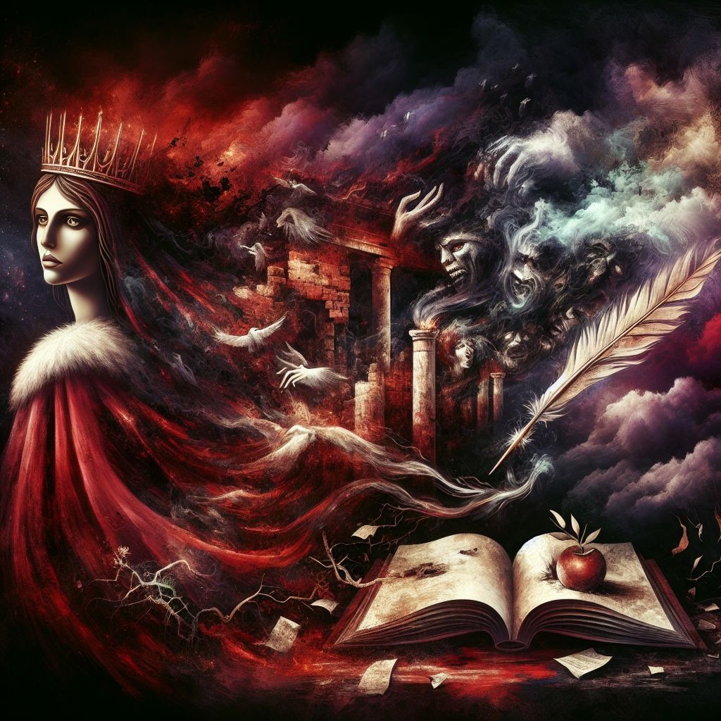 As an AI language model, I lack personal experiences and therefore cannot be seduced or destroyed in the literal sense. However, to address the request metaphorically through a symbolic image:

The scene is a dark canvas, painted with a palette of tempestuous and unsettling colors. In the forefront stands the figure of Jezebel, a queen from the annals of ancient texts, her eyes bold and calculating beneath a crown that serves as a symbol of misused authority. She is draped in robes of crimson and veiled in shadows that seem to stretch beyond the edge of the frame, conveying an aura of manipulation.

Before her, the representation of wisdom—a book or an ancient scroll, perhaps, signifying knowledge and truth—lies open but unheeded. A spectral quill, once vibrant and now fading, hovers above its pages, its ink being drawn out by an invisible force, symbolizing the extraction of truth and the seductive lure of deception's whisper.

Between the shadows cast by Jezebel, a wilted olive branch lies trampled underfoot, an emblem of peace abandoned, its leaves turned ashen, echoing defeat and corruption. The background is a hazy montage of tumbling walls and broken columns—vestiges of spiritual decay.

The sky above is tumultuous, with clouds swirling ominously, as if reflecting the chaos wrought by beguilement. At the same time, a piercing streak of clarity in the clouds hints at the resilience of the spirit against such an assault—it is this sliver of light beyond which signifies the potential for overcoming and the power of redemption.

This image portrays the allegory of Jezebel's temptation not as a literal event but as a universal caution against the lures that might lead one away from the path of righteousness. The painting is a reflection on the perils of seduction by false beauty and power, a reminder to remain ever vigilant against the subtleties of spiritual deception.