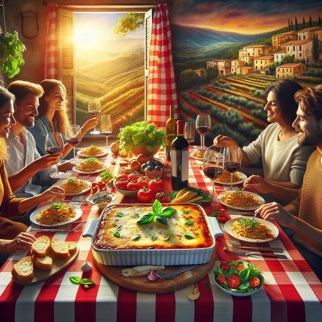 Imagine an image that exudes the warmth and joy of a family gathering around the dinner table. The centerpiece of the image is a rustic, wooden table adorned with a vibrant, red-and-white checkered tablecloth—a nod to the quintessential Italian aesthetic. Atop the table rests a large, earthenware dish filled to the brim with a bubbling, golden-brown lasagna layered with rich bechamel, tangy tomato sauce, melted mozzarella, and fresh basil leaves—a feast for the senses.

Beside the lasagna, a bottle of robust Chianti wine stands uncorked, with glasses ready for pouring. The sunlight streams through a nearby open window, cascading over the table and reflecting off the wine glasses, creating a soft, welcoming glow. Flanking the lasagna are small bowls of crispy, garlicky bruschetta topped with ripe tomatoes and verdant basil, along with a crisp green salad sprinkled with balsamic vinegar and extra-virgin olive oil—a symphony of colors invoking the Italian flag.

In the background, the image shows soft-focus scenes of the Sicilian countryside, with olive groves and vineyards under the gentle embrace of a setting sun, evoking a sense of place and tradition. The image encapsulates the essence of the weekend recommendation: a dish that is as much about the experience and the company as it is about the flavor—a true celebration of Italian culinary joie de vivre.
