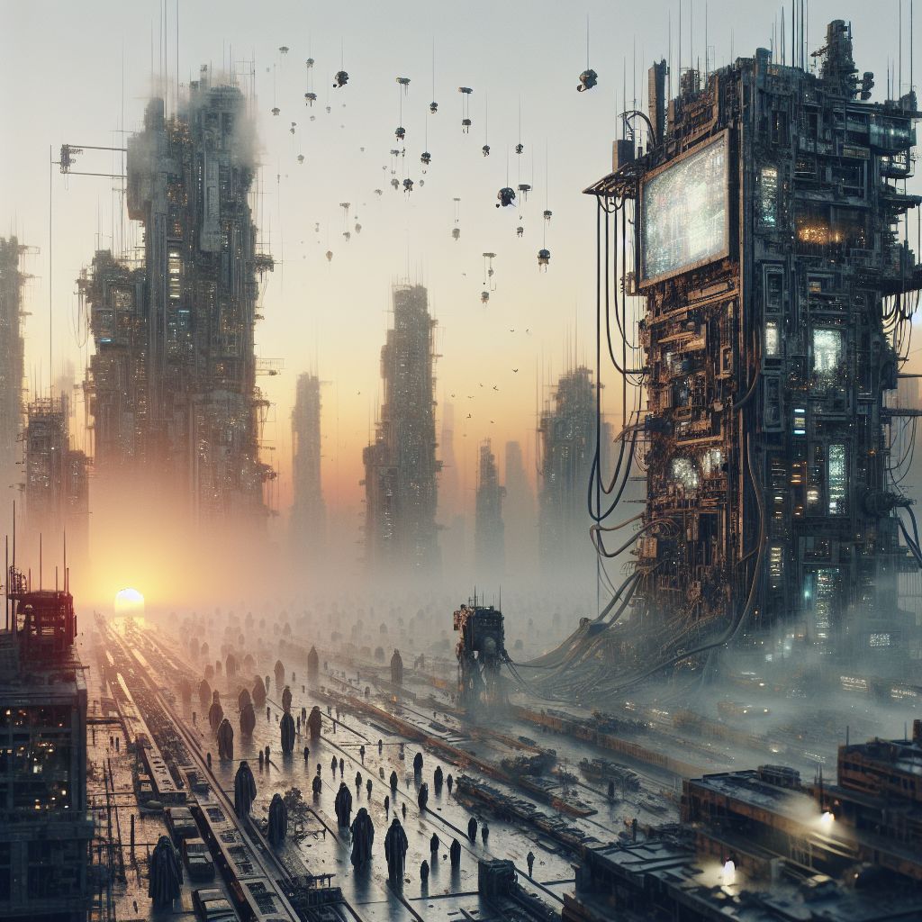 A digital canvas reveals a sprawling cityscape at dusk, where the last glimmers of sunlight fail to penetrate a thick smog that claws at the skeletal remains of skyscrapers. The image exudes desolation—a metropolis consumed by technological excess and neglect.

In the foreground, an enormous, derelict screen flickers erratically, the ghost of advertisements past. Its frame is laced with vines of frayed wires and rusted metal. Shadowy figures shuffle below, their gaunt forms enveloped in tattered cloaks made from recycled circuit boards. They move with mechanical jerks, features indistinguishable, eyes replaced by dim, data-stream glows.

Building facades crumble, revealing corroded steel and brittle concrete bones, while drones circle overhead like carrion birds, their searchlights casting harsh angles and sharp contrasts across the scene. Automated factories churn endlessly in the background, spewing plumes that merge with the persistent fog, the Earth's horizon obscured by the fruits of its own creation.

In the heart of the image, a digital clock, its numbers deteriorating, ticks down to an error code, symbolizing time's relentless march towards an uncertain future. Pockets of resistance appear as faint glimmers of color—graffiti of hope—on the decaying walls, yet they are swallowed rapidly by the pervasive grey. 

This is a portrait of Dystopia, a testament to cautionary tales untold yet eerily familiar, rendered in a cyberpunk palette infused with reminders of what could be lost to unchecked progress.