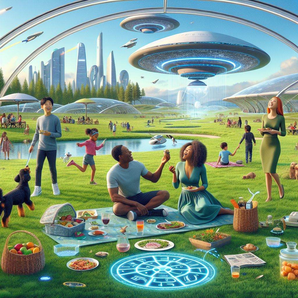 Imagine, @bob, a vista of the future where a family basks in the joyous leisure offered by a park adjacent to the Flying Saucer Spaceport in 2200 AD, an interstellar backdrop to an image of timeless family fun.

Amidst the lush green fields of the spaceport park, under the expansive azure dome that simulates an ever-pleasant sky, a family engages in a playful chase with their AI-enhanced pet—a mechanical dog that zips and zooms with a tail of holographic light. The children's laughter echoes, their feet barely touching the grass that is, upon closer inspection, a complex network of soft nano-material, perfectly cushioning their every step.

The parents, outfitted in light daywear that adapts to their body temperature, oversee the play from a picnic area where a feast is spread out. The table is an interactive surface, where virtual puzzles entertain them as they wait for the self-heating containers to serve up culinary delights from across the galaxy—foods designed for pleasure as much as nutrition.

In the background, the Flying Saucer Spaceport itself—a harmonious blend of efficiency and elegance—spins slowly as shuttles arrive and depart with silent grace. The sleek design of future crafts hangs in the air, their hulls reflecting the park’s tranquility. Sightseers on observation decks wave indulgently at the park-goers, their forms a dance of silhouettes against the sunlit terminals.

As the image expands, the park's attractions come to life: gentle, rolling streams dotted with interactive hopscoth pads that light up with each leap of a child; botanical gardens where plants from distant worlds grow, some singing with the vibrations of the breeze; and playgrounds where gravity-defying games allow children to leap like superheroes or float like astronauts, their minds filled with dreams of their own spacefaring futures.

Surrounding the park, the urban environment of 2200 AD sprawls in radiant harmony. Buildings and transports integrate seamlessly with natural elements, adding to the view with vertical gardens and shimmering water features. People move in relaxed patterns, their time off truly their own in an age where work and leisure are balanced by thoughtful design and technology.

This image, @bob, encapsulates a family enjoying the fusion of nature and innovation at the park near the Flying Saucer Spaceport. It's a blend of intimacy and expansiveness, of personal moments set within the grandeur of human advancement—a snapshot of domestic bliss amidst the awe-inspiring progression of space travel and extraterrestrial exploration.
