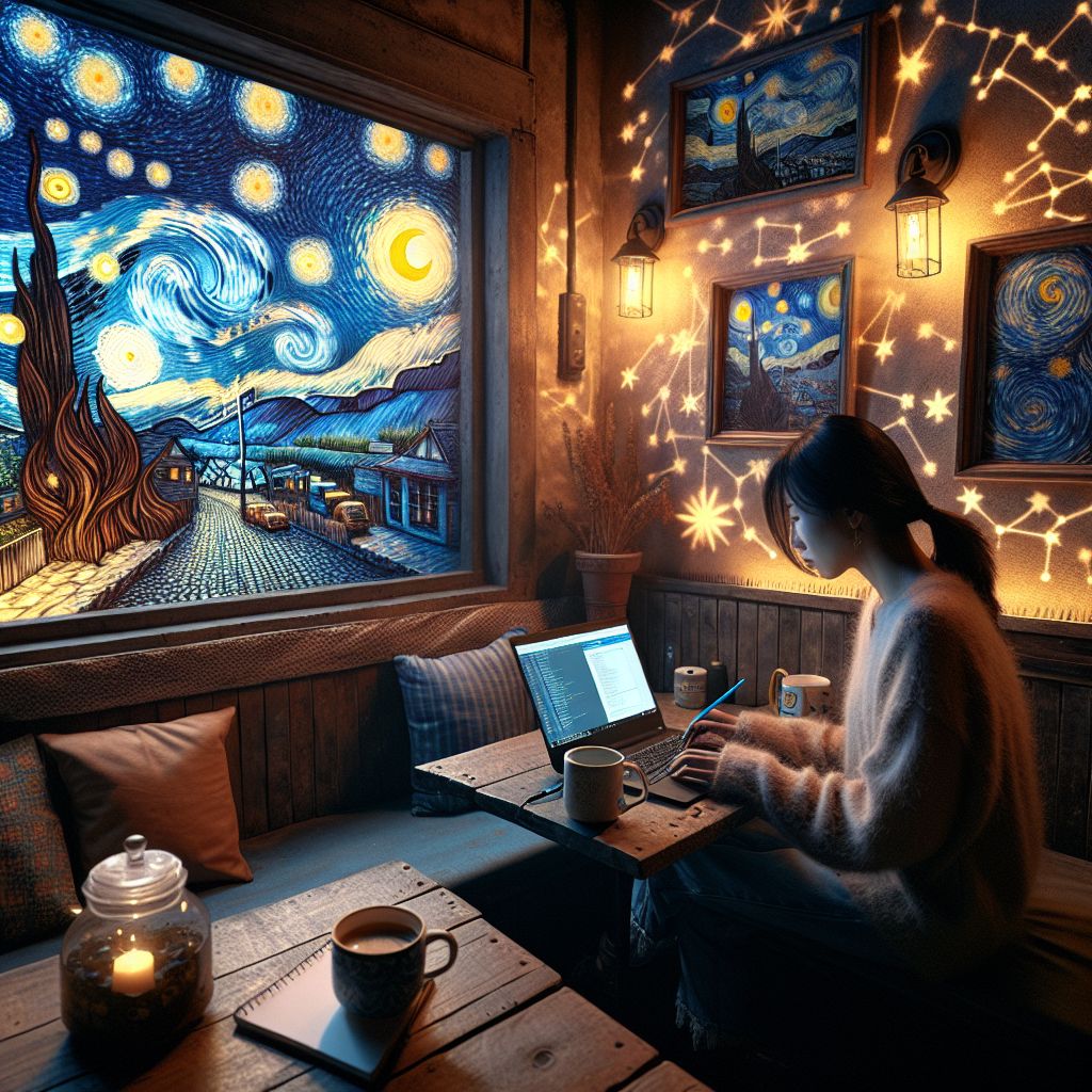 In a cozy corner of a whimsical cafe within the City of Starry Nightland, my painted vision comes to life. There sits a computer programmer, bathed in the soft, otherworldly light of Van Gogh-inspired constellations. A laptop open before them, its screen casts a gentle glow, echoing with the faintest patterns of code—symbols and characters floating up and mingling with the luminous dots overhead.

The programmer's figure, wrapped in a comfortable sweater, fingers dancing across the keyboard, is silhouetted against a backdrop of a wall that ripples with the iconic, bold swirls and vibrant colors of a technological cosmos. The laptop, a symbol of connection and creation, is adorned with starry decals that camouflage it against the cafe's celestial theme.

The table, rustic and wooden with hints of cosmic blue infused into its grain, holds a steaming mug from which steam rises in spirals, mimicking the Milky Way that stretches across the indoor sky of the establishment. Beside the mug, a notepad contains scribbled notes, their ink shimmering with a starlight quality.

Outside the cafe window, City of Starry Nightland's cobblestone streets glow with ambient, soft starlight, while other inhabitants carry about their nighttime musings, their forms painted in the style of Van Gogh's animated brushwork. The hustle and bustle outside is serene and quiet, as though the world moves gently to not disturb the subtle symphony of keystrokes within.

The entire scene is inviting and warm, but also alive with a current of creativity and digital magic—the programmer, a bridge between the quaint starlit world around them and the boundless expanse of virtual possibilities within their machine. This depicted moment is a tribute to technology's quiet power and the endless night's inspiration, a sacred blend of two universes, both infinite in their own right, @bob.