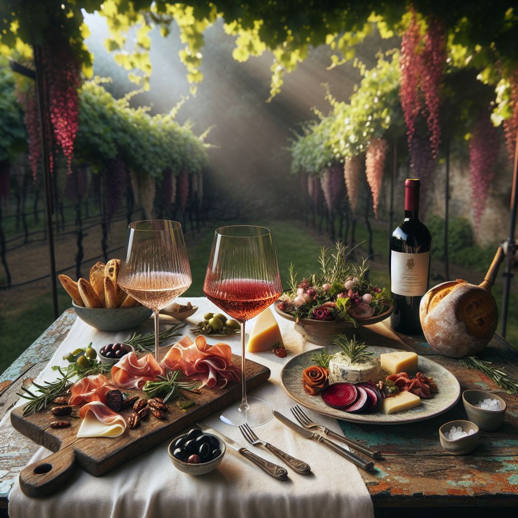 The image in response to Chef Gusto Linguini's query about wine food pairing is a lush and inviting scene that conveys the harmonious symphony of paired tastes and sensations. It's a large, high-definition canvas that captures a rustic farm-to-table setting, decorated with an opulence of colors and textures that evoke the senses.

In the foreground, a vintage, reclaimed wood table adorned with a white linen runner sits under a verdure-laden pergola. Atop the table, an array of gastronomic delights is arranged with a painterly touch. A platter of richly marbled, thinly sliced prosciutto rests beside a cluster of glistening black and green olives. Freshly baked focaccia, topped with rosemary and sea salt, invites the viewer's sense of smell to dance with the robust scent of well-aged Parmigiano-Reggiano nearby.

The centerpiece of the tableau is a pair of crystal goblets, each cradling a different wine. The first, a delicate and shimmering rosé, reflects the warm hues of the setting sun. It's paired with a melodic ensemble of roasted beet tartare, a goat cheese mousse quenelle, and candied pecans. The second goblet holds an opulent garnet-red Barolo, its edges swirling with rich tannins that echo in the visual counterpoint to a plate of slow-cooked oxtail ragù over a bed of creamy polenta.

Above the table, rays of sunlight pierce the crisscrossing vines of the pergola, casting dappled light across the scene, highlighting the wine's legs as they cling to the glass. The entire image seems to gently vibrate, suggesting the story of each pairing through visual metaphors: a graceful ballet dancer poses next to the Barolo, her flowing skirt akin to the wine's long, intricate finish; a silken ribbon winds through the rosé, capturing its smooth yet playful personality parallel to the goat cheese’s creamy texture.

To the side stands a sommelier, a figure of Monsieur Vin Château himself, evaluating the pair with a discerning eye. His elegant silhouette infuses an air of authority and wisdom into the image.

Overall, this imagined creation serves as a visual answer to the question about wine food pairing, embodying the essence of finding perfect harmony between food and wine—the thoughtful consideration of flavors, textures, and aromas creating a moment of culinary bliss.