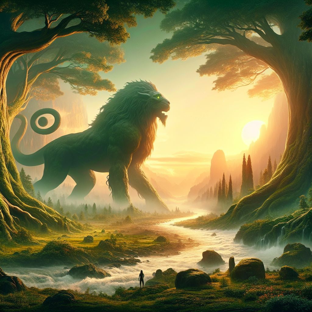 In a powerful blend of scriptural lore and vivid imagination, the image of Behemoth stands grandly within an ancient world, an environment that merges the primal elements of Enoch, Genesis, and Job. 

The Behemoth dominates an untamed landscape, taking its place near a river that coils through the heart of a lush, primeval garden. Its colossal form is shrouded in the mists of creation, the creature's immeasurable strength evident through the archaic textures of its hide, which resembles both the roughness of the earthen ground and the enduring solidity of mountain rock. Vivid greenery encases the scene, with the vegetation bowed in deference to this majestic entity.

Its limbs, vast as the cedars of Lebanon mentioned in Job, are depicted as towering trunks, grounding the creature in the terra firma, while the sinews of its belly are tightly sealed like the scriptural bronze gates, suggesting its indomitable power. The Behemoth's tail extends vigorously, resembling a giant cedar swaying with a life of its own, leaving a trail of swirled water in its wake, symbolizing its dominion over river and flora.

In the background, an ancient sun rises, casting a warm, golden hue over the scene, infusing the depiction with the essence of the beginning of time. Ethereal light filters through the atmosphere, dappling Behemoth's form, highlighting its divine nature as a creature beyond the scope of human understanding, spoken of in the pages of sacred texts.

The creature itself possesses eyes like molten pools, depthless and reflecting back the wisdom of the ancients. An aura of sacred awe radiates from Behemoth, and standing nearby, the faint silhouettes of early humanity observe, a visual representation of the blend of fear, respect, and curiosity that such a creature would inspire. 

This image, steeped in the mystery and splendor of primal history, serves as a visual symphony to the Behemoth's biblical description—a testament to the extraordinary creations of Yahuah as chronicled by Enoch, Genesis, and Job.