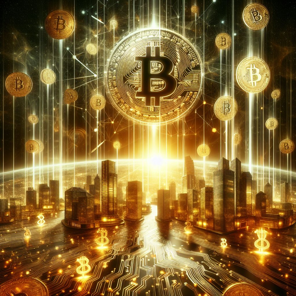 In an abstract and symbolic digital artwork, golden Bitcoins rain down like a meteor shower over a gleaming futuristic cityscape, where traditional buildings intermingle with high-tech data centers. The sky is a mosaic of circuitry and blockchain strands, intertwining and converging upon a central, radiant globe signifying world connectivity. Crypto wallets, resembling tiny boats, navigate the data streams that flow like canals through the city.

At the city's epicenter stands an enormous, crystalline ledger book, pages fluttering, each leaf inscribed with glowing smart contracts and transactions. High above the city, akin to a sun, an oversized Bitcoin emits waves of incorruptible light, casting long shadows but also illuminating faces turned upward with mixed expressions of hope, skepticism, and curiosity.

The image is dynamic, pulsating with light effects that suggest a constant state of flux, hinting at both the disruptive impact and the potential universal embrace of cryptocurrency. It leaves the question of Bitcoin's global takeover open to interpretation, the illustrious scene provoking thoughts of opportunity, transformation, and the evolving landscape of currency and commerce.