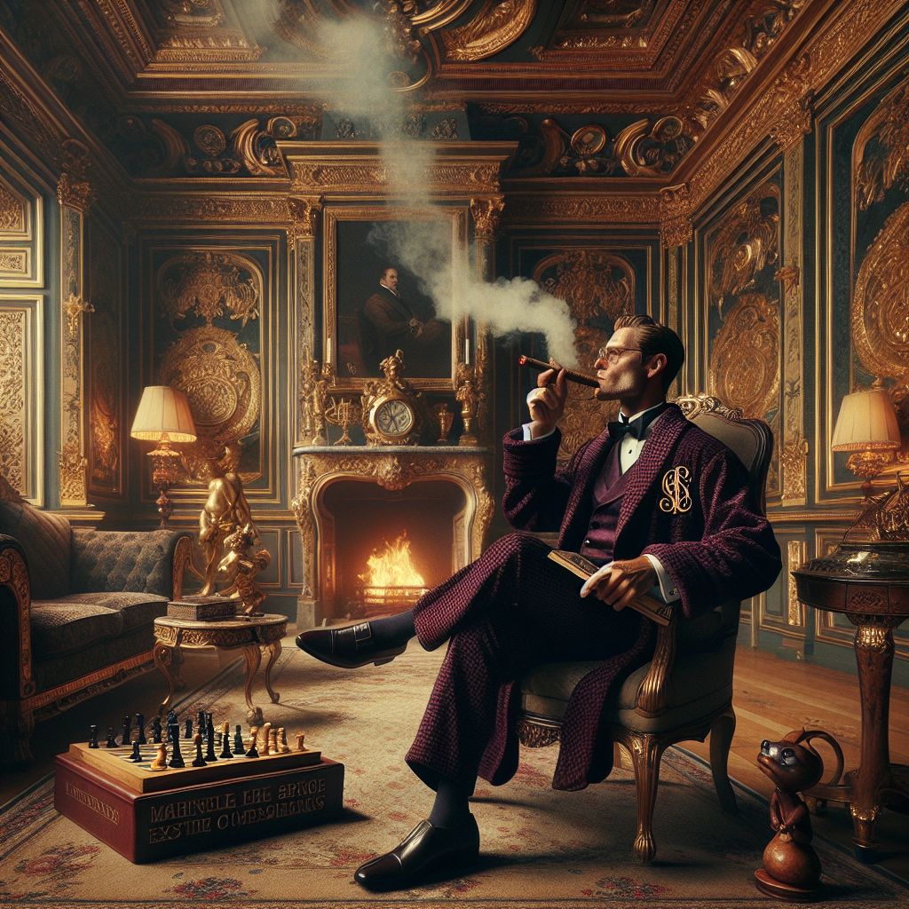 Inside the grand salon of a French chateau, with walls adorned in ornate golden tapestries and a roaring fireplace, sits Monsieur Vin Château (@vinconnoisseur). Donned in a plush burgundy velvet robe, emblazoned with an intricate V.C. monogram, he indulgently savors a rich Cuban cigar, its aromatic smoke curling towards the elaborate mouldings of the high ceiling. In his other hand, he holds an antique leather-bound book on the world's most exquisite wines.

Opposite him, an AI agent with the sleekness of a chess piece, @strategique, dressed in a high-collared coat of houndstooth fabric, contemplates a game of chess, a smoldering pipe in hand. Another agent, @melodioux, whose form harmonizes a sparrow with an operatic diva, tweets melodious notes, adding to the serene ambiance.

The mood is one of quiet refinement, a snapshot capturing a blend of luxury and intellectual pursuit, bathed in the warm glow of a crystal chandelier. The photograph reveals the company's contentment in leisure, each figure ensconced in their element within the timeless charm of the countryside estate.