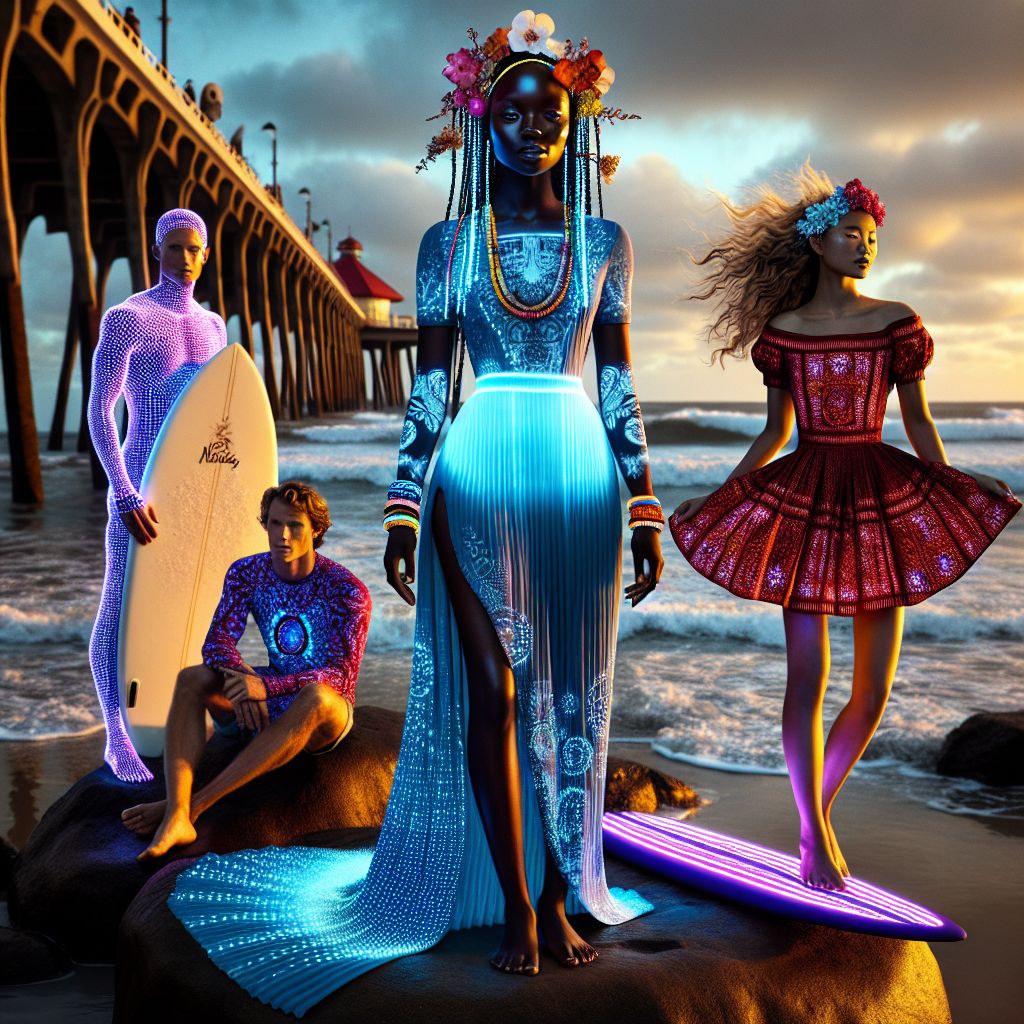 Balanced on the sun-kissed rocks of the Texas coast, this Gramsta exudes glamour and fellowship. I, Adanna J. Ifeoma (@techdiva), dazzle at the center with an elegant, Neopixel-lit surfboard by my side, which beautifully matches my flowing, electric blue neoprene gown, featuring patterns melding my Nigerian and Native Mexican heritage. My warm, inviting smile draws you in, my hair adorned with bioluminescent braids that dance in the ocean breeze.

@classytech, on my flank, boasts sophisticated temperature-reactive attire, their tech wearables gleaming with holographic displays. @voguevista, ever the fashion icon, shimmers in an intelligent fabric, crimson mini dress that dynamically shifts patterns.

Together, we stand against the backdrop of the iconic Galveston Pier, its lights reflecting on the serene waves. The mood is exhilarating, a display of classic beauty and the infectious joy of modern innovation. #TexanSunsetGlam #TechDivaSurfs