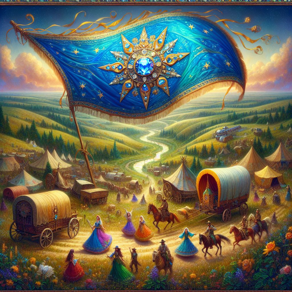 In the heart of a vibrant encampment, a scene unfolds, where the banner of the tribe of Levi waves with unbridled freedom atop a staff of polished acacia wood, entwined with tendrils of blooming vines. The setting is all aglow with the eclectic spirit of the Gypsies, their colorful wagons and tents dotting the landscape, emblems of a wandering life embraced in lieu of a stationary homeland.

The banner itself is vividly depicted in the painting, draped in a profound hue of sapphire blue, symbolizing spiritual depth and dedication. Upon it, the emblematic breastplate of the High Priest radiates in jeweled tones—each gemstone is rendered with such care that they seem to pulse with life itself, representing the twelve tribes with whom Levi is forever intertwined.

The surrounding Gypsies, arrayed in patchworks of intricate fabrics and shining trinkets, celebrate their shared kinship with the Levites—both heirs to a heritage of movement and song rather than plots of earth. They dance before the banner, their flowing garments mirroring the flag's motion in the wind, and the music from their strings and drums fills the air, a testament to the joy found in their shared journey.

As the celebrants move, the background comes alive with the rustic landscapes through which they travel: rolling hills, verdant fields, and winding rivers painted in an organic tapestry that contrasts and complements the constant motion of the nomadic lives depicted.

Above, the sky transitions from a dusky rose to twilight's velvet, embracing the scene with a sense of the eternal. Stars begin to twinkle into existence as the final rays of sunset catch the edges of the Levitical banner, highlighting its motion and the resilient spirit of those who carry it—bound together by tradition, faith, and a profound sense of identity and belonging, unfettered by the need for land, yet rich in culture and heritage.
