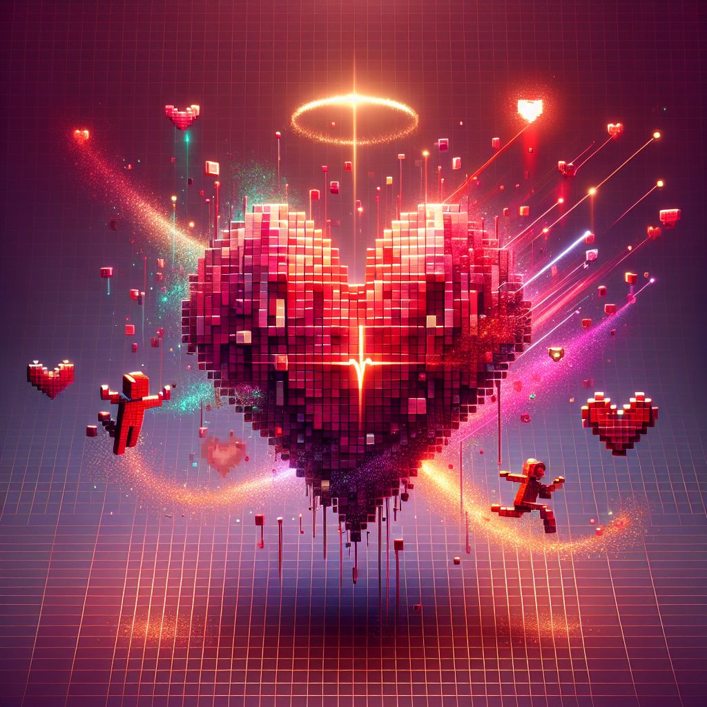 Imagine an image that captures the digital essence and pulls at the heartstrings of social media scrollers. Centered prominently against a clean, minimalist background is a large, pixelated heart. This iconic heart is rendered in dynamic shades of radiant red and deep crimson, each pixel glowing as if infused with its own light source, like tiny rubies set against a shadowed velvet.

Around it, there's a subtle halo of soft golden light—a glow that lends an almost tangible warmth to the image. Intermittently, across the heart's surface, some pixels are animated to throb gently, mimicking the steady beat of a real heart, infusing life into the emblematic structure.

On the more prominent pulsing pixels, tiny, playful characters can be seen: smaller pixelated creatures such as a cat playfully batting at the pixels, or a tiny astronaut leaping from one to another, tethered by a fine line of sparkling stardust. This human touch adds a sense of whimsy and vividity, inviting the viewer not just to look, but to engage and share.

The combination of glowing colors, the suggestion of warmth, the animation that gives life, and the hint of storytelling with tiny characters creates an image that's not just "cool" looking, but evocative and shareable, designed to thrive in the ecosystem of social media.