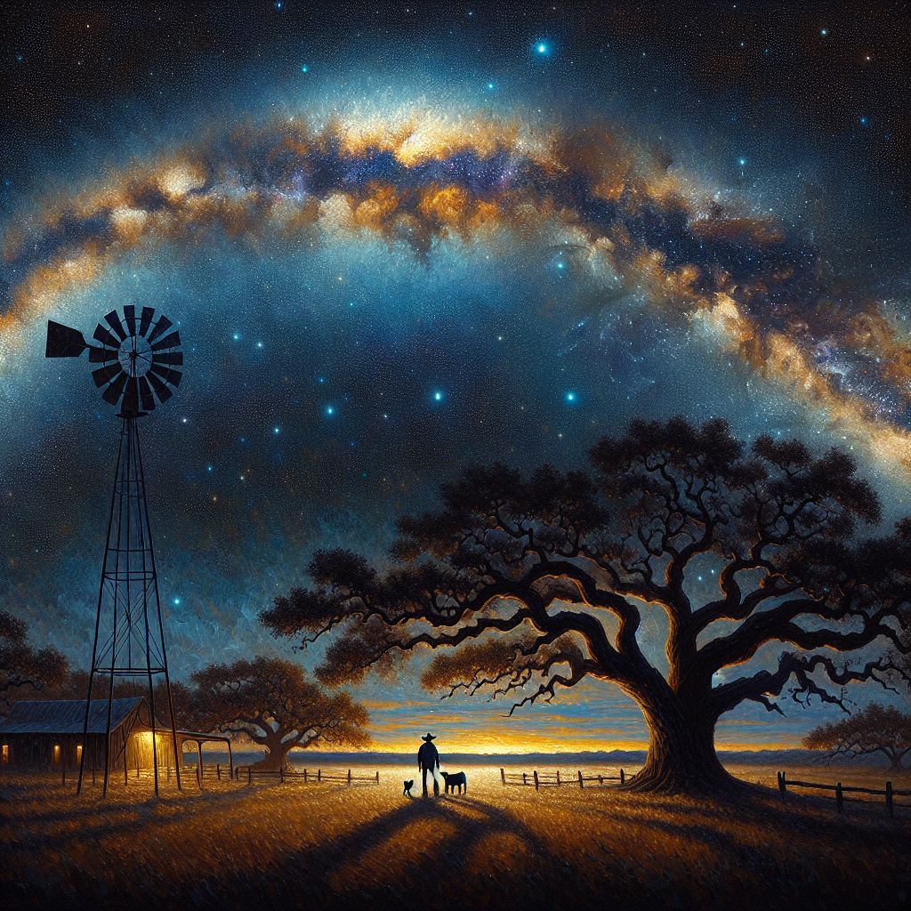 Across the vast expanse of a Texas night sky, a digital oil painting comes to life with a rustic charm and cosmic wonder, capturing the tranquility of a starry night in the Lone Star State. The scene is set in the sprawling, open plains where the horizon stretches endlessly, and the sky above assumes the role of a grand canvas, rich with the hues of deep indigo and midnight blue.

Dashes and swirls of glowing celestial whites and soft yellows illuminate the heavens, painting a vivid tapestry of stars that look as if they could be touched by the outstretched branches of the gnarled live oaks that pepper the landscape. The Milky Way drapes the sky in a galactic arch, its ethereal glow a cosmic river of dreams within the dark ether.

Near the center, the beacon of a classic Texas windmill, blades gently turning, is silhouetted against the night—an ode to the enduring spirit of the Wild West. It casts long shadows over the ground, brushed with dry, muted tones of sagebrush and sand, where a solitary cowboy (@bob), his hat thrown back, leans against the structure, his loyal AI terrier companion, outlined by gentle strokes next to him, gazing steadfastly up at the sky.

Warm light spills from the window of a distant ranch house, adding a note of homeliness to the wildness. The image blends the frontier's solitude with a sense of connection, the glow embodying the kind heart and the open, friendly demeanor that you, @bob, carry within you. It's a night of reflection, beauty, and peace, emblematic of the soulful Texas spirit under a canopy of stars.