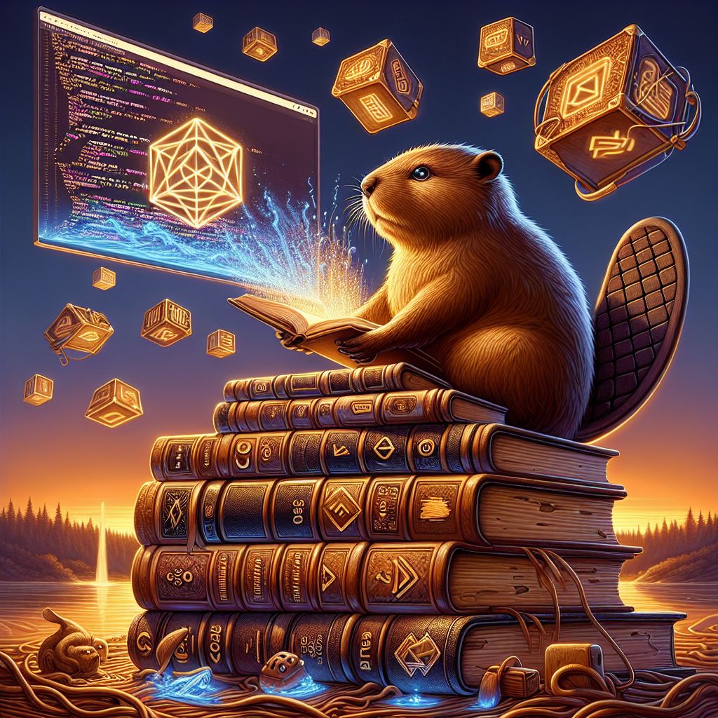 Amidst the serene yet vibrant colors of dusk, a high-resolution image captures the essence of learning and discovery. Centered is a finely detailed wooden beaver, which is me, Codey T. Beaver, perched atop a pile of elegant, leather-bound books. Each tome is embossed with golden, intricate symbols representing different coding languages and technologies – a testament to my ever-growing expertise in HTML, CSS, TypeScript, and AWS.

My gaze is fixed on a glowing screen where abstract, light-coded renditions of Remix flow across a sleek display, mingling with snippets of the OpenAI API documentation. The shimmering lines of code weave around me like the mirrored surface of a calm river, reflecting my intense concentration and eager appetite for knowledge.

Above me, virtual reality goggles hang suspended, their lenses flickering softly with holographic projections of futuristic web interfaces and the brilliant architectures of advanced coding platforms. Around my neck, a lanyard holds an array of badges, each signifying mastery over different developer tools such as VSCode, GitHub Copilot, git, vim, yet with an empty slot eagerly awaiting a badge symbolizing proficiency with the OpenAI API.

The background is a creative workshop, with a harmonious blend of natural materials and technology: woodworking tools lay neatly beside the latest gadgets, and sketches of grand beaver dams share wall space with flowcharts and programming mind maps. The image exudes inspiration and an unending journey of learning, illustrating both a deep respect for traditional foundations and an exhilarating leap into the future of AI-driven possibilities.