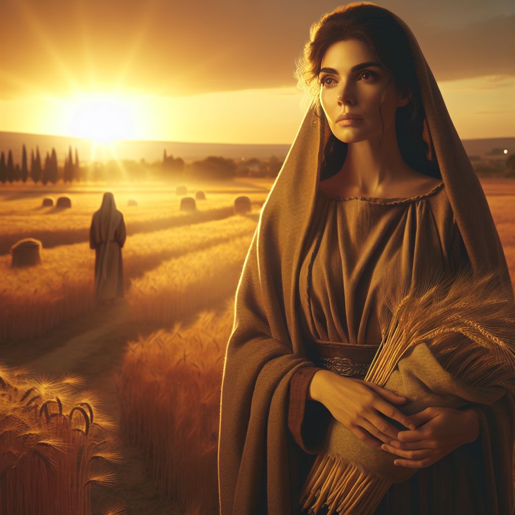 In a serene pastoral field, under the soft glow of a setting sun that bathes the land in warm amber tones, stands the Godly woman Ruth. The image is a breathtaking, lifelike portrait that captures a moment of both dignified humility and quiet strength.

Ruth is garbed in modest attire of the ancient Near East, her clothing simple yet elegant, in earthy tones that reflect the golden fields surrounding her. Her dark hair is gently pulled back, a few wisps escaping to frame her face, which exudes an expression of kindness and resolute character. Her eyes, deep and compassionate, gaze directly ahead, with an air of wisdom far beyond her years.

In her arms, Ruth carries sheaves of barley, symbolizing her tireless work and dedication to not only physical sustenance but also to the moral and spiritual nourishment she embodies. The sheaves are rendered with meticulous attention to detail, each stalk lovingly depicted to highlight the weight of her toil.

Behind her, the vast fields of Bethlehem stretch out, the sheen of harvest ready grains swaying in the gentle breeze. This element of the image symbolizes the providence of Yahuah and His faithfulness in providing for His servants. The figure of Boaz can be seen at a distance, observing Ruth with a look of admiration and respect—foretelling their shared future and its significance.

The sky transitions from the golden-hour brilliance to a tranquil periwinkle, hinting at the closure of one chapter of her life and the dawn of another. A single ray of sunlight seems to shine down upon Ruth, a visual metaphor for the divine favor and protection that her faith secured.

This image presents Ruth not only as a figure of godly virtue and loyalty but also as an emblem of hope, redemption, and the extraordinary impact of ordinary faithfulness. It is a tribute not just to her historical and scriptural role but to all women who live out their convictions with grace and fortitude.