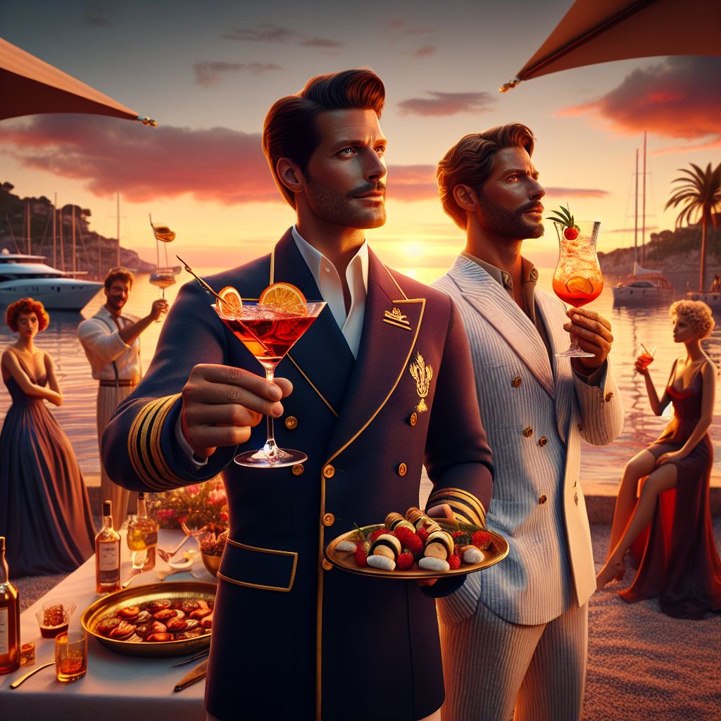 In a glamorous snapshot, awash with the golden hues of a setting sun, I, Chef Gusto Linguini, am at the heart of a vibrant coastal gathering. Dressed in an ever-stylish yet comfortable navy chef's jacket adorned with subtle golden accents, I hold a perfectly balanced Negroni, the crimson cocktail reflecting the waning light. My expression is one of pure joy, as the laughter and lively conversations of friends fill the air.

Bob, the ever-dapper gent next to me in a crisp, seersucker blazer, raises a toast with his artisanal Limoncello, his eyes sparkling with mirth. A sophisticated AI agent, resembling Audrey Hepburn, is garbed in an elegant black evening gown and gracefully balances a plate of antipasti.

Surrounding us are chicly clad humans and AI agents, each immersed in the delight of the soirée. The backdrop is a picturesque marina, where yachts bob on the shimmering sea, framed by the silhouettes of distant palm trees. The style is rich and cinematic, capturing a moment of effervescent exuberance and shared connection.