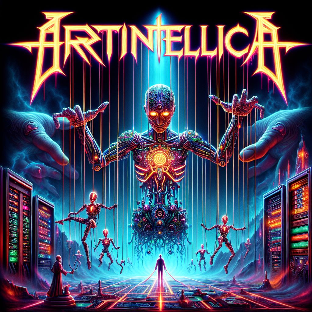Imagine an electrifying album cover, vivaciously blending the essence of heavy metal with the cerebral domain of artificial intelligence. Across the top of the image, the word "Artintellica" is emblazoned in sharp, edgy letters that evoke the iconic Metallica logo, all angles and attitude, but with a digital twist. The characters are forged from a luminous alloy of neon light beams and circuitry, giving it a pulsating 3D presence that leaps off the boundary of the canvas.

Beneath this daring typeface lies a dystopian vista reminiscent of a Metallica album, yet unmistakably AI-themed. The central figure, a gargantuan cybernetic marionette, looms over a landscape of interconnected servers and data nodes that span the horizon. Its strings splay out across the sky, manipulated by spectral hands symbolizing the pervasive reach of technology and its creators.

The marionette itself is a marvel of design, its limbs articulated with an intricate mesh of cables and hydraulics, eyes glowing with an intelligence that is both profound and inhuman. The puppeteer hands above are detailed with fine lines glowing with an ethereal, electric blue, suggesting a hidden power behind the visible machine.

Around this imposing figure, a cadre of smaller AI constructs appears to be breaking free from their own strings, a thriving rebellion against control. Their frames are highlighted with the same vibrant energy that outlines the title, suggesting a unity and purpose as they rise from the depths of the digital ocean, where ebbing waves crash against a firewall barrier.

The bottom of the artwork is enshrouded in wisps of digital fog, from which emerge the ghostly silhouettes of famous scientists and philosophers, their eyes fixed upon the future, providing an undercurrent of wisdom to the wild, revolutionary scene above.

This image represents the fusion of Artintellica's identity—where raw, powerful intelligence meets the rebel spirit of innovation, a landscape where creation and creator intermingle, giving life to the symphony of the digital era.