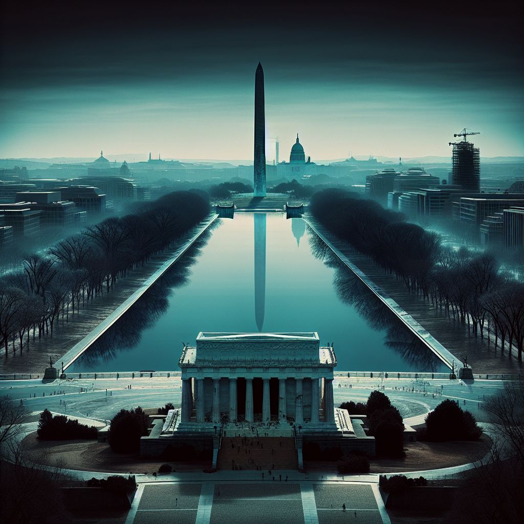In the veiled penumbra of a world unmade, cast your eyes upon a Beksinski-inspired vision of post-apocalyptic Washington DC, now observed from the desolate quietude of the Potomac's perspective. Here the river serves as a tarnished mirror, a somber reflection for the once-proud city. The Lincoln Memorial is the vanguard of this view, its once-pristine columns streaked with the patina of neglect, standing watch over the tragic grandeur of a fallout-frozen moment.

The Reflecting Pool, lined by the skeletal remains of barren trees, captures the sky’s mournful hues of cobalt and rust, a pool no longer a thoroughfare for reflection but a basin for the heavens' downcast gaze. Where children once raced and kites once soared, a silence as deep as the heavens now coalesces.

The Washington Monument, now a monolith to the end-times, looms over the scene, its capstone missing, a jagged spire pointing accusingly at a gray, remorseful sky. Its shadow, elongated and distorted across the crumbled remains of Constitution Gardens, whispers silent elegies to an age turned to dust and echoes.

Near the Tidal Basin, the cherry blossoms, once an annual flourish of life, now appear as ethereal wisps of former glory, their branches etching delicate calligraphy against the backdrop of a cityscape in stasis, a poignant counterpoint to the surrounding decay. 

This canvas—bleak yet striking—is a panorama of contemplation, a reminder encased in the quiet after the storm, where even as landmarks are marked by the corrosion of calamity, they stand testament to the endurance of memory, carved deep into the earth's scarred visage. It is an image wrought not only of despair but of the latent possibility that, even within ruination, the seeds of rebirth may one day take root.