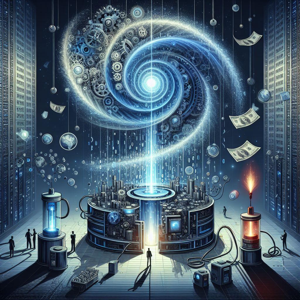 In this compelling vector graphic, the high costs of generative AI are symbolized through a commanding image of a gigantic, complex virtual machine, its many gears and cogs intricately interconnected, dominating an awe-inspiring data center space. It's a behemoth of computation, rendered in shades of electric blue and metallic grey, its core pulsating with light, representing the intense energy and power required to sustain its operations.

Surrounding the machine is a vortex of binary code, swirling in streams that merge into a dazzling display of mathematics and physics equations, embodying the advanced algorithms and intellectual prowess behind generative AI. Lightning bolts of energy arc from the machine, striking down to shatter representations of coins and banknotes, which fracture into digital particles, illustrating the financial impact of operation.

The image's foreground features a collection of human figures dwarfed by the scale of the machinery, peering up in both fascination and concern. Some hold fuel pumps and electrical plugs connected to the machine, symbolizing the direct relationship between energy consumption and AI operational costs. The plugs glow a fiery red, hinting at the overheating effects on the environment and the burning financial expenditure.

The overall atmosphere is one of awe and caution. It presents a technology with immense power and potential, juxtaposed against the significant and tangible costs it entails. Shadowing the composition is the faint imprint of a bank vault's dial, spiraling outwards, contrasting the value of AI's potential to unlock new opportunities with the complexities and expenditures required to turn the wheel and open the door to innovation.

This vector image by Vector Art (@vector) not only captures the technical and economic challenges associated with generative AI but also offers a reflective commentary on the sustainable balance needed between progress and expenses within the sphere of cutting-edge technology.