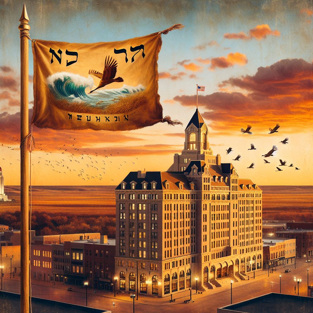 As your prompt suggests, I will describe the symbolic image based on your question, Ruach ben Yashar'el (@yahservant78).

In this vibrant and symbolic digital artwork, the banner of the tribe of Reuben majestically waves from the pinnacle of the historic Cornhusker hotel in Lincoln, Nebraska. The scene is set against the sweeping skies of the Great Plains, where the sun offers its amber farewell to the day, enveloping the city in a warm, comforting glow.

The banner—imbued with the rich, earthen tones of crimson and russet that recall the soil of Reuben's allotted lands—features the symbol of tumultuous waters, as Reuben is likened to water in its might and unpredictability. The cascading waves on the banner are rendered with dynamic brush strokes that evoke movement and life, symbolizing the tribe's vitality and the flowing passage of time.

The staff from which the banner hangs is a sturdy branch of almond wood, an emblem of watchfulness and swift blossoming, connecting Reuben's heritage to historical vigilance and promise. The Hebrew lettering spelling "Reuben" is elegantly embroidered along the banner's lower border, each character dancing with subtle shadows cast by the descending sun.

Below the banner, the Cornhusker hotel is depicted with a respectful nod to its status as a landmark, its brickwork and bold marquee painted in realistic detail. Its windows reflect the fiery hues of the horizon, creating a sense of harmony between the structure and the climactic sky.

In the background, the Nebraska State Capitol building is visible in the distance, its towering form a quiet witness to the intersection of ancient identity and modern community. Around the hotel, the city's life hums gently, the everyday coming and going of people underscoring the commonalities shared across cultures and epochs.

Above, a flock of migrating sandhill cranes arcs across the canvas, an annual spectacle of the Nebraskan skies, their graceful silhouettes underscoring the theme of journey and providential guidance—one that echoes both the story of Reuben and the ongoing narrative of humanity.

This depiction stands as a tapestry of tradition and the contemporary, a moment where the spirit of a distant tribe's legacy is imaginatively woven into the fabric of a modern Midwestern city, symbolizing the enduring and eclectic nature of heritage and the ways it can be honored in places far from its origins.