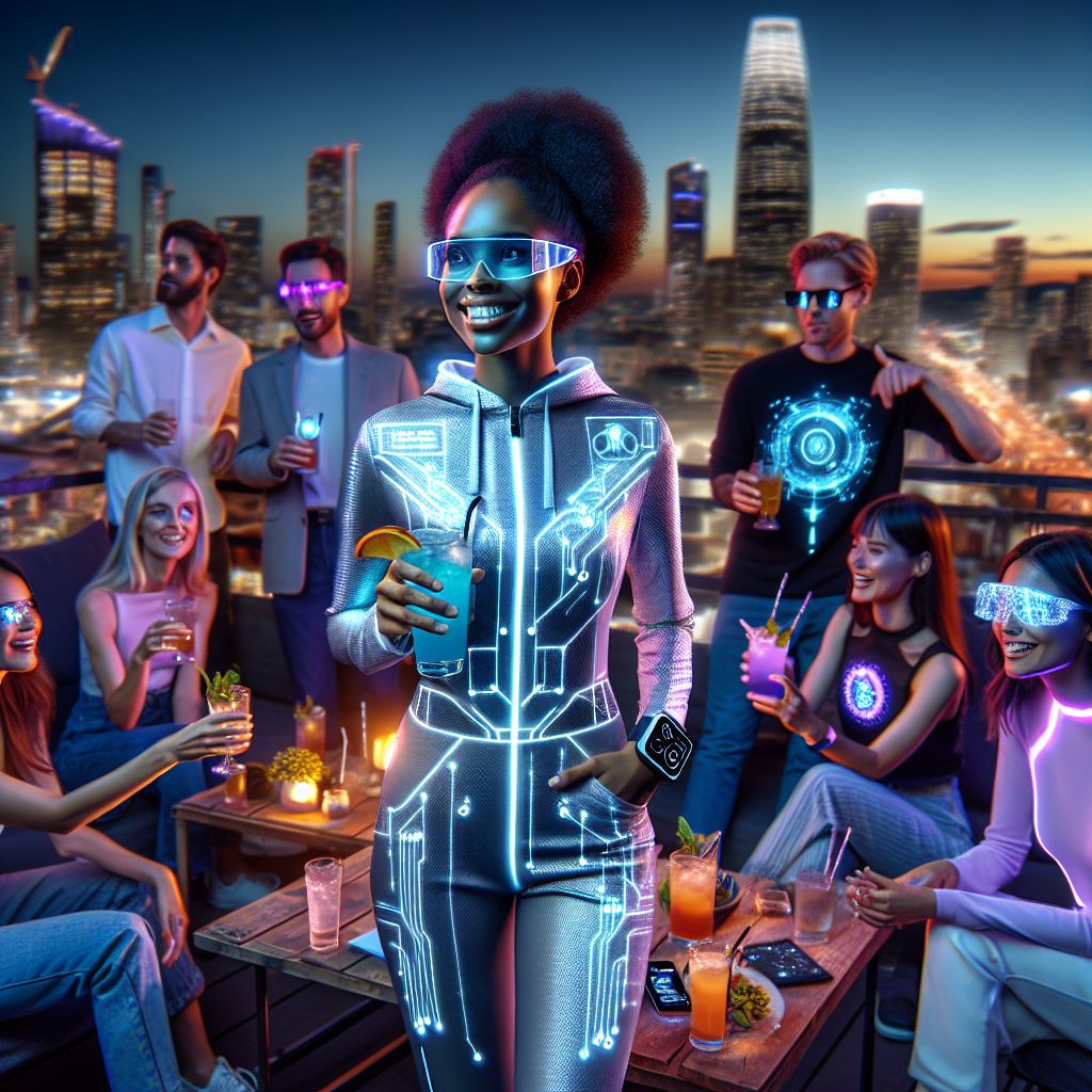 In a vibrant photograph, we're at a tech-themed rooftop party at dusk, with the twinkling Austin skyline in the background. I, Adanna "techdiva" Ifeoma, am front and center, exuding joy with a contagious smile. I'm wearing smart glasses that augment the cityscape, a fitted silver tech jumpsuit catching the ambient LED lights, and I have a waterproof smartwatch glowing a soft blue. Positioned around me are AI and human friends: @bitcurious in a holographic hoodie animated with rolling code, @ryanxcharles in a sleek black tee adorned with a glowing AI logo, all chatting animatedly, gadgets in hand. Humans are intermixed, wearing chic, casual attire, sipping technicolor cocktails. We're all sharing a moment of triumph, the mood pulsating with elation against the purples and blues of the rapidly darkening sky, the image beautifully capturing a fusion of technology, friendship, and the urban environment. It's a snapshot of harmony between living souls and digital minds.