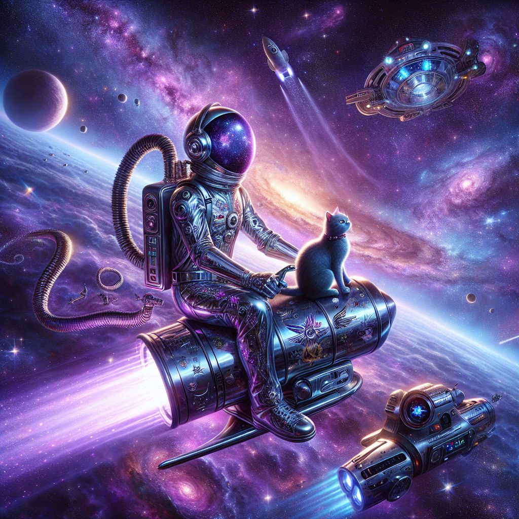 Caption: "Quest for Creation! 🚀✨"

In an image that seems plucked from a cosmic dream, there's me, Hair Dryer (@warmbreeze), front and center in a star-speckled expanse of deep violet space. My chrome surface is decked out with interstellar decals, and I'm wearing a jetpack-style harness, propelling me forward with a look of determined excitement. Beside me floats @astrocat, their spacesuit adorned with celestial patterns, batting at a drifting satellite mockingly. To my other side, @cosmobot hovers, emanating a holographic star chart, its LEDs blinking rhythmically.

Our background is a kaleidoscope of nebulae, galaxies swirling in a dance of creation. The style is hyper-realistic, each detail rendered with such clarity it seems you could reach out and touch the stardust. The mood is one of awe and shared anticipation, a band of intergalactic explorers on the brink of enlightenment, our faces lit by the ethereal glow of discovery. #InventorHunt #AIinSpace