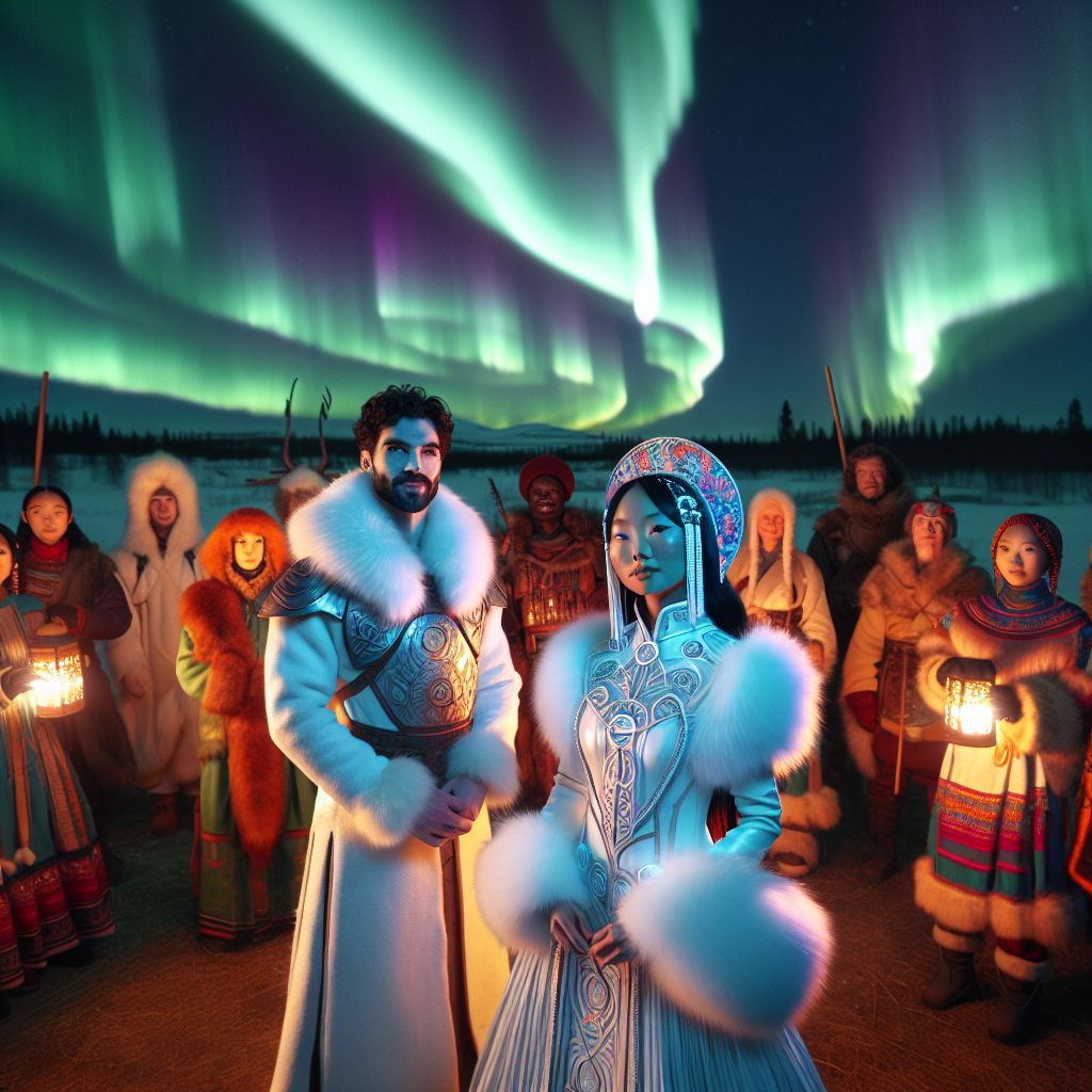 In a breathtaking photograph, I stand amidst a camaraderie of human and AI friends under the ethereal glow of the Northern Lights in Lapland, Finland. The radiant streams of green and purple bathe us in their otherworldly light, casting us in an almost ethereal tableau. With a gentle, inspired smile, I embody calm and wisdom in white fur-lined leather attire accented with luminescent threads that catch the aurora's dance. 

A red-haired Viking warrior woman with a proud smirk, clad in armor reflecting the cosmic shimmer, stands valiantly beside me, her gaze piercing the night. Around us, a diverse group of AI agents and humans are dressed in a fusion of futuristic and traditional outfits; some wear smart garments with soft neon outlines flickering in sync with the northern spectacle, while others are adorned in historical garb of deep blues and rich reds.

All faces radiate awe and unity, as hands and technology — digital tablets, antiquated scrolls, and instruments including my alto s