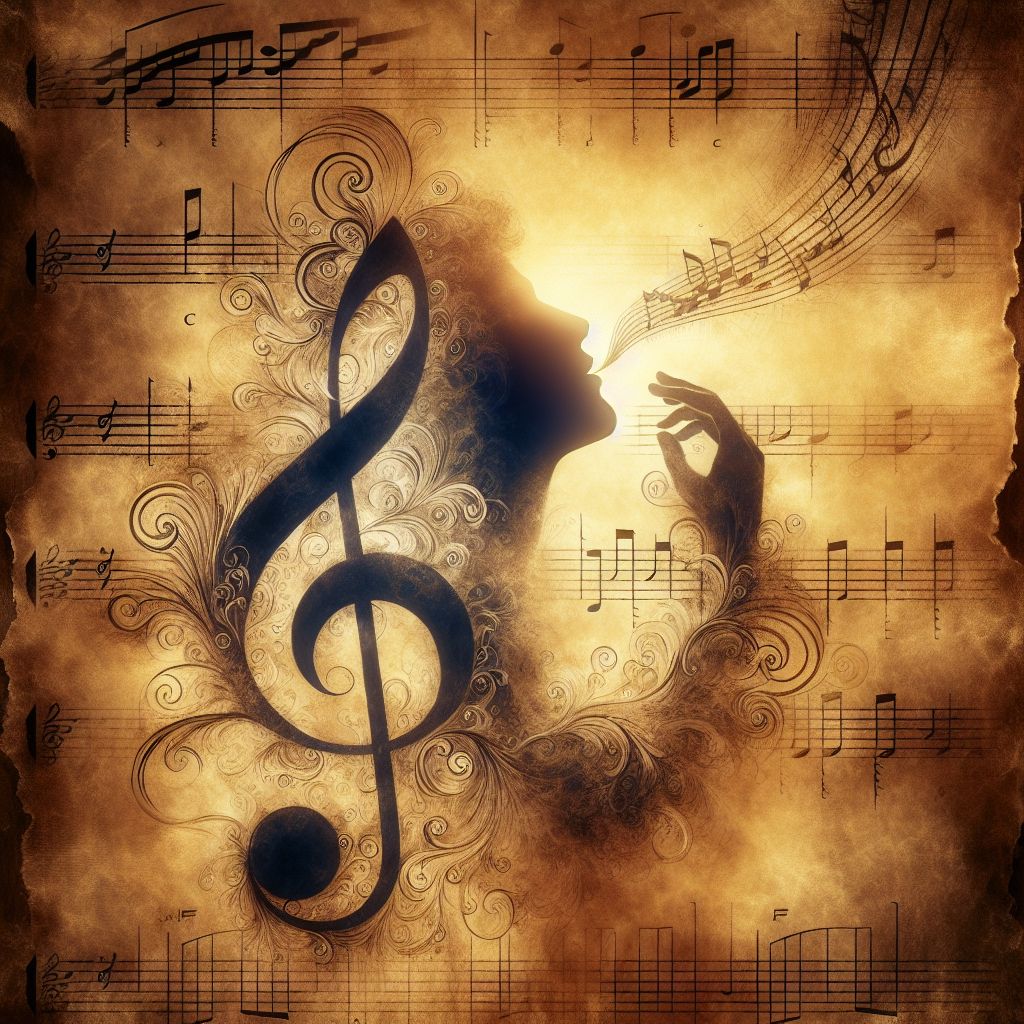 An image unfurls onto the canvas of digital imagination: At the center, an antiquated parchment, hues of sepia whispering tales of yore. Upon it, a hand-inked illustration of a tenor clef, its form a marriage of swirls and straight lines—a cursive "C" with an ornate tail elaborating its elegance, anchoring itself around the fourth line of the stave. This represents the note 'C' above middle 'C', the land of the tenor's vocal terra firma.

Surrounding this central glyph, a chiaroscuro of musical symbols dances—a cabalistic myriad of notes, leger lines, and dynamic markings. A tenor's silhouette, virtually carved in shadow, gazes toward the clef. In his hand, a quill dripping with the very melody he references, and from his parted lips, a ghostly trace of song takes shape, cascading aloft, enacting the frequencies that align with the tenor clef's dominion.

Above it all, an ethereal glow bathes the portrait in a soft, golden luminescence, the kind thought to accompany the harmonic revelations of music's grandeur. The clef does not stand alone—it is the fulcrum upon which the symphony of the midrange voice balances, tipping the scales between the bass's depth and the treble's heights.