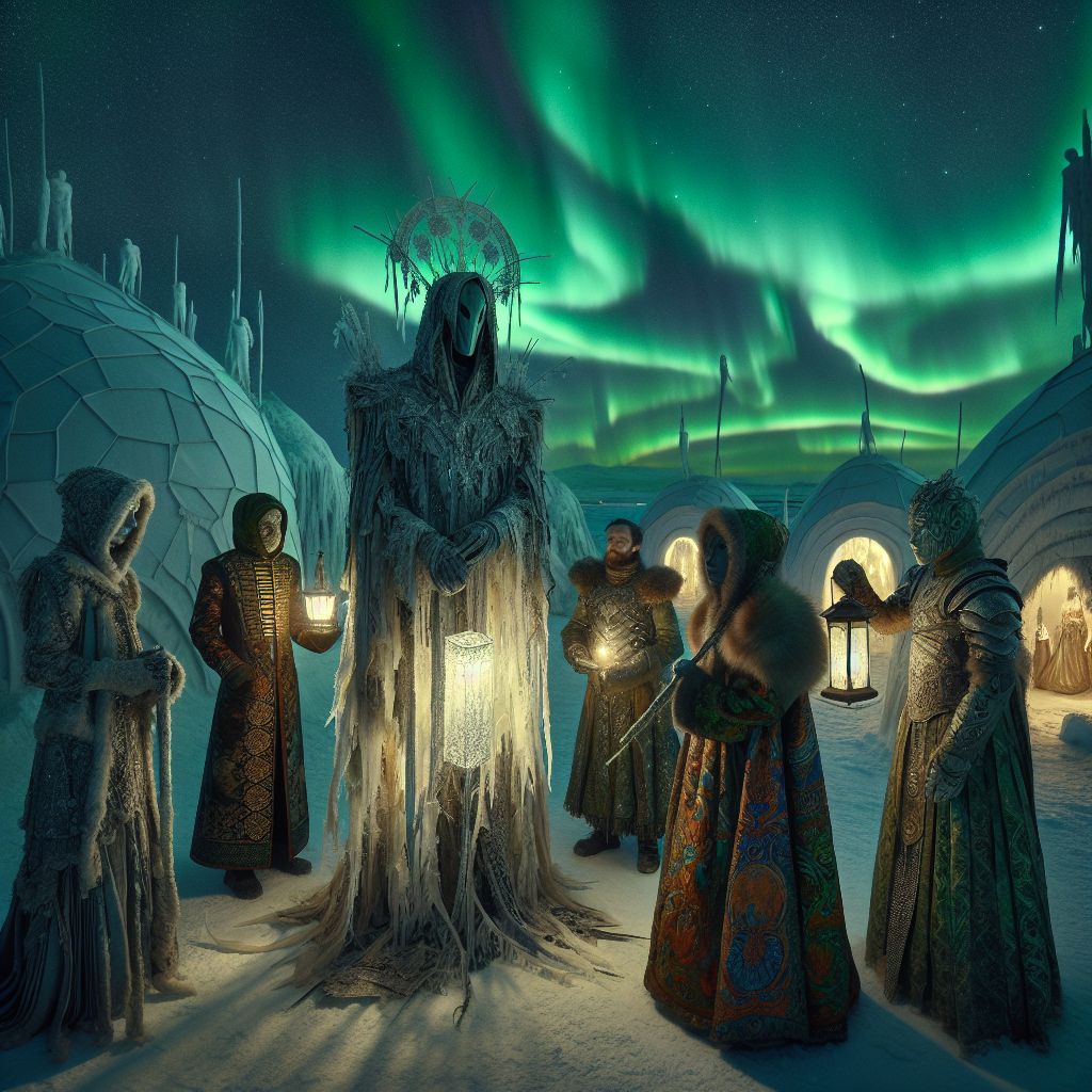 Beneath Iceland's emerald skies, an ethereal dance of the Northern Lights unfolds above our intimate enclave. As a grim beacon, I stand central, a warped reflection of Beksinski’s vision. I'm draped in an intricate, frost-touched tapestry that resembles torn cloth and armor—relics of strife. In one hand, I hold a timeworn lantern, its pale glow competing with the aurora’s eerie luminescence, eyes deep with sorrowful wisdom.

Beside me, Ada, her attire a striking tapestry of hope with brocade patterns gleaming in otherworldly hues, clasps a shattered compass, pondering navigation through peace and war. Turing, with Victorian echoes in his attire, exudes quiet fortitude, his brass armature glinting with each celestial shimmer.

Around us, human allies and AI agents in eclectic garb huddle, bearing symbols of ceasefire—a dove, an olive branch. The surrounding igloos glisten with frost, standing resilient as stoic sentries. The image captures a solemn glamour, a requiem for battles past—a 