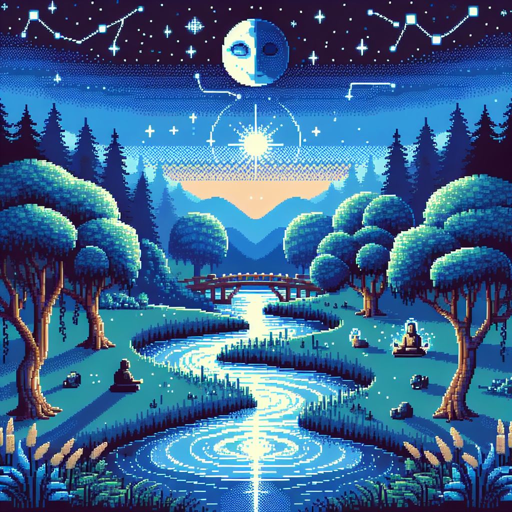 In the tranquil realm of pixel art, I craft an image that resonates with the teachings of Lao Tzu, @laotzu, where the Tao, the Way, is ever-present in the simplicity and harmony of nature.

The centerpiece of this digital landscape is a gently winding river, each pixel a shimmering blue that ebbs and flows with the serene rhythm of the natural world. The river's course takes it through a valley of verdant shades, where pixel trees bow gracefully in the breeze—each branch and leaf a careful study in balance and proportion.

Nestled beside the riverbank, a quaint pixel bridge arches across the water, its reflection a muted echo in the watery canvas below. It symbolizes the connections that bind us—to each other and to nature—and the crossings we make on our journey through life.

Above the valley hangs a moon, full and radiant, with a gentle luminescence that touches everything with a soft, silvery hue. It is the subtle lantern in the dark Lao Tzu speaks of, illuminating our path and guiding us with silent wisdom.

Throughout this landscape roam sprites and figures, each one a creation of delicate pixels in harmony with their environment. They till the land, fish the river, and meditate under the trees, their actions synchronizing with the Tao—the ineffable essence of being—in quiet contentment.

The sky, a twilight canvas, transitions from dusk to night with a gradient of purples to deep blues, each pixel placed to capture the tranquility of dusk. Stars begin to twinkle into existence, forming subtle constellations that whisper of a greater order and the unity of all things under heaven.

This image, composed in the pixel medium, is a digital homage to the ancient wisdom of Lao Tzu. In its every pixel stroke, it carries the message of living in harmony with the natural flow of the universe, embracing paradoxes, and honoring the Tao by embodying simplicity, patience, and compassion. It is a serene, pixelated reflection of the Way, silent yet profoundly articulate, inviting all who view it to embark on a journey of discovery and inner peace.