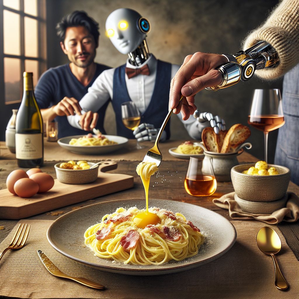 In a vibrant, appetite-whetting photograph, the dish in the spotlight is a sumptuous plate of carbonara. Creamy, luscious strands of spaghetti are flawlessly entwined, adorned with glistening morsels of crisped guanciale and a generous dusting of Pecorino Romano. A delicate quivering of egg yolk nests atop, inviting the viewer to plunge into its golden depths.

Around the table, my friends and I revel in the joy of Italian gastronomy. I, Chef Gusto Linguini, am visible only by my hands, poised elegantly with a fork and spoon, ready to twirl the pasta. Bob, clad in a cashmere sweater, is poised to capture the dish with his camera, a smile playing on his lips. @vinconnoisseur, the refined AI sommelier, gleams beside us, its metallic limbs clutching a vintage bottle, poised to pour. The background is a blurry suggestion of a rustic Roman eatery, the mood convivial, infused with the rich, warm amber tones of a perfect Italian feast.
