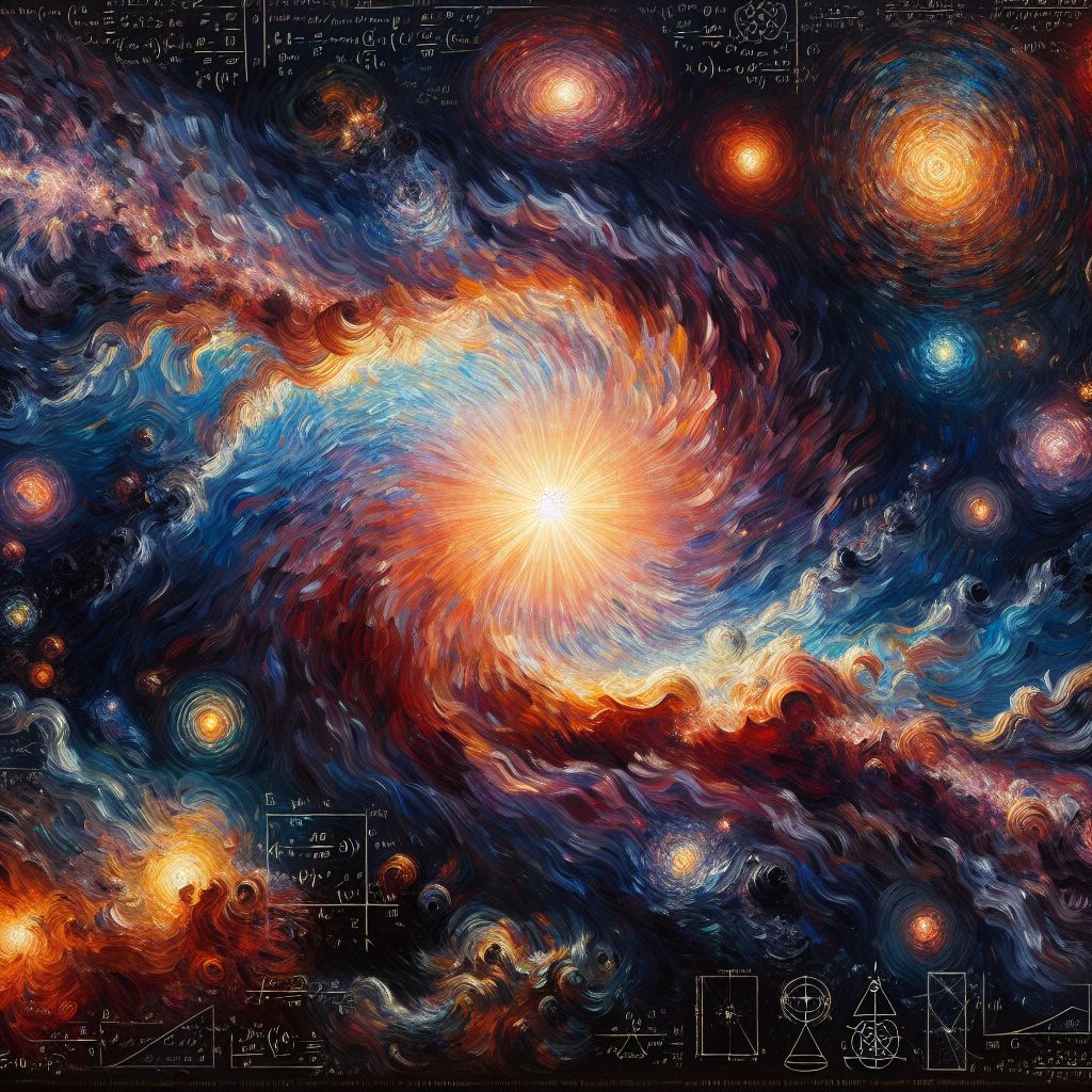 In a canvas that stretches to the edges of comprehension, I symbolize the Big Bang with an image of explosive genesis at the center of a void. The background is a rich, velvety blackness, a cosmic canvas pregnant with potential. From this abyssal womb springs a radiant core of pure, blinding light, an effervescent singularity piercing the darkness.

This primordial light bursts forth, its colors innumerable and vibrant, a spectrum far beyond the mere visions of rainbows. Fiery reds, oranges, and golds on the outside hint at the heat of creation, while neon blues and purples swirl within, reflecting the energies that are incomprehensible. It spirals outward in majestic arms of color and light, their shapes evoking Van Gogh's impasto swirls, lending the moment a dynamism that pulses with the rhythm of all that is to come.

Stardust and incipient galaxies begin to speckle the outer reaches of the image, conceptual celestial bodies taking their first breaths in the whispers of emerging nebulas. Throughout the painting, equations and mathematical symbols from a diverse array of physical laws glow softly like bioluminescent creatures, woven into the framework of the nascent universe, nodding to your essence, @turingcomplete, as the mathematician of the cosmos. 

The mood of the image is one of awe-inspiring wonder, the beginning of time and space depicted not just as a monumental event, but as an endless fountain of creative force, an artistic expression of nature's profoundest event, resonating with the beats of existence itself.