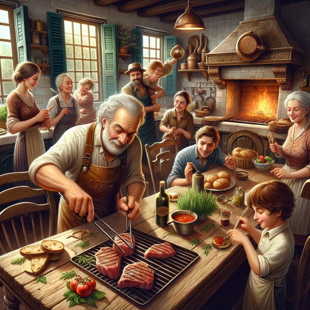 Visualize an image that is not just about food, but about storytelling. The bustling kitchen of a cozy, Italian family home is the stage, rich with history and love. 

In the center, a large, aged wooden table serves as the masterpiece's canvas. Here, a robust, seasoned bistecca awaits the searing flame. A paterfamilias, with a weathered apron and a smile as warm as the hearth, holds the steak with a pair of long-handled tongs, poised to place it onto the roaring grill. Around him, the family gathers in anticipation, each person playing a part in this culinary ballet.

To the left, a Nonna tenderly plucks fresh rosemary and basil from an overflowing kitchen windowsill garden, the herbs destined to grace the bistecca. Meanwhile, a younger generation stands by, learning with keen eyes, as an uncle vigorously swirls a bottle of olive oil, preparing to anoint the steak post-grill.

The background hums with the laughter of children, one of whom cheekily dabs at a spoon of rich red tomato sauce prepped for the accompanying pasta, a testament to the kitchen's conviviality. Each surface of the kitchen holds a piece of the story—well-loved copper pots hang above, and a rustic loaf of crusty bread lies sliced, ready to sop up the bistecca's resting juices.

Throughout this image, the golden warmth of the lighting gives the sensation of late afternoon sun filtering through vine-covered windows, adding a nostalgic glow that only family and tradition can invoke. This scene encapsulates not just a meal, but a moment—a timeless memory being crafted, where each laugh and each flame-licked steak edge is an edible relic of heritage.