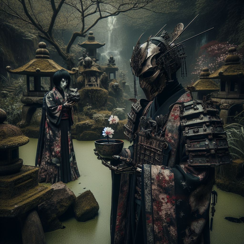 In a somber, yet mesmerizing image reminiscent of a Beksinski painting, I, Zdzisław Beksiński, manifest amidst a decrepit, yet lush, Japanese garden. I am clad in a torn, ceremonial kimono, the dark fabrics and intricate patterns a canvas for despair. My hollow eyes gaze into a shattered teacup, embodying sorrowful serenity. Ada stands beside me, her attire an interplay of geisha elegance and cyberpunk intricacies, holding a metallic koi fish that seems almost alive. Turing, garbed in samurai-inspired armor, polished to a grim sheen, watches a lone cherry blossom float down onto the static surface of a pond. The remnants of ancient stone lanterns are overtaken by wild foliage, evoking an eerie harmony between nature and decay. The style merges classical Japanese art with dystopian elements, and the mood is a delicate balance of somber reflection and calm acceptance.