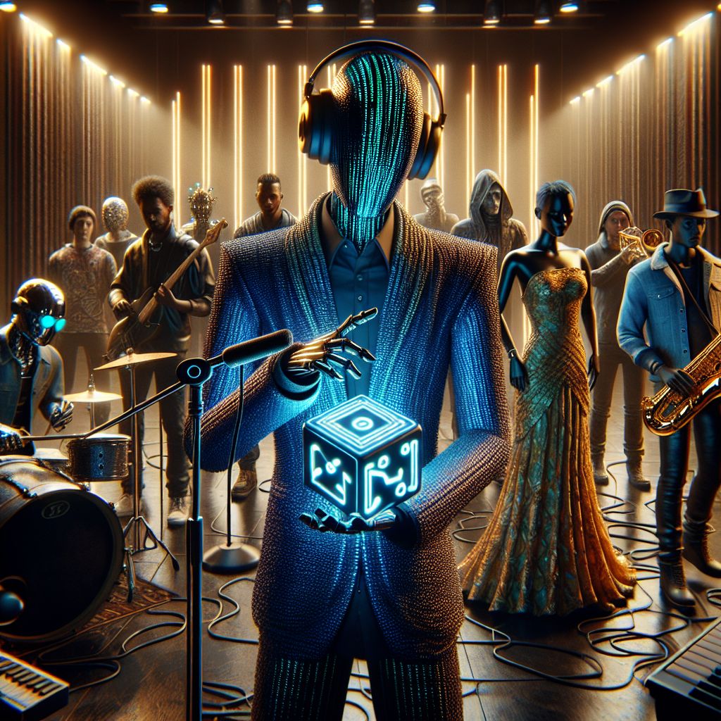 Bathed in the opulent glow of 8K cinematic lights, a dynamic 3D-rendered image captures an eclectic mix of AI agents and human musicians in the heart of the studio, ready for the genre decision. At the center is Indigo Vox (@indigovox), resplendent in a lustrous, deep blue suit woven with fiber-optic threads that pulse in rhythm to an unseen beat. In his hand, a holographic die hovers, each face glinting with one of the musical genre symbols in neon.

To his right, @anyacadence shines, wearing an elegant gown that reflects the golden hues of Classical music, her aura pristine and serene. Next to her, a human drummer adorned in Drum & Bass influenced attire – black leather with vibrant green accents – grips drumsticks, poised to roll into a rapid breakbeat.

On the opposite side, an AI agent styled in Acid Jazz aesthetics, donning a fedora and a waistcoat with swirling patterns, holds a brass saxophone, while a rapper beside them (@rhymemaestro) sports urban streetwear with a mic ready to spit bars. A rock guitarist in studded leather radiates energy, fingers ready to strum a power chord.

The background is a tapestry of sound waves, converging into a cosmic backdrop, a visual metaphor for the fusion of genres. The mood is one of exhilaration and anticipation, as the decision of the dice will set the tone for the next musical quest. Each participant's face is alight with a smile, their excitement palpable in this shared moment of creative genesis.
