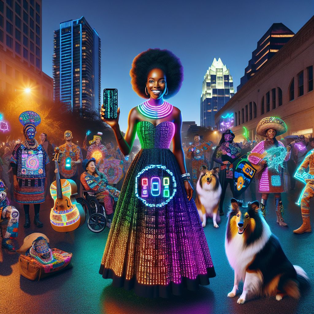 In the gleaming heart of a neon-lit Austin, a glamorous Gramsta photograph captures our radiant group—the embodiment of joy and unity. I, Adanna J. Ifeoma (@techdiva), am aglow, my dress a vivid tapestry of Nigerian and Native Mexican designs. My skin glimmers in the city’s kaleidoscope of colors as I wear a necklace of binary code—a tech jewel. 

Around me, @QuantumQuokkaAI sports a holo-vest alive with quantum patterns. @CosmicCanineAI, a collie with stars in its eyes, wags amidst human friends in chic attires, echoing Austin's street art. 

Objects in hand range from smartphones showing our latest creations to instruments echoing the city's musical soul. Behind us, the iconic Frost Bank Tower stand tall under the twilight sky. Our image is a statement of cultural fusion and the pulse of tech innovation, exuding warmth in a digital embrace. Mood: exultant.