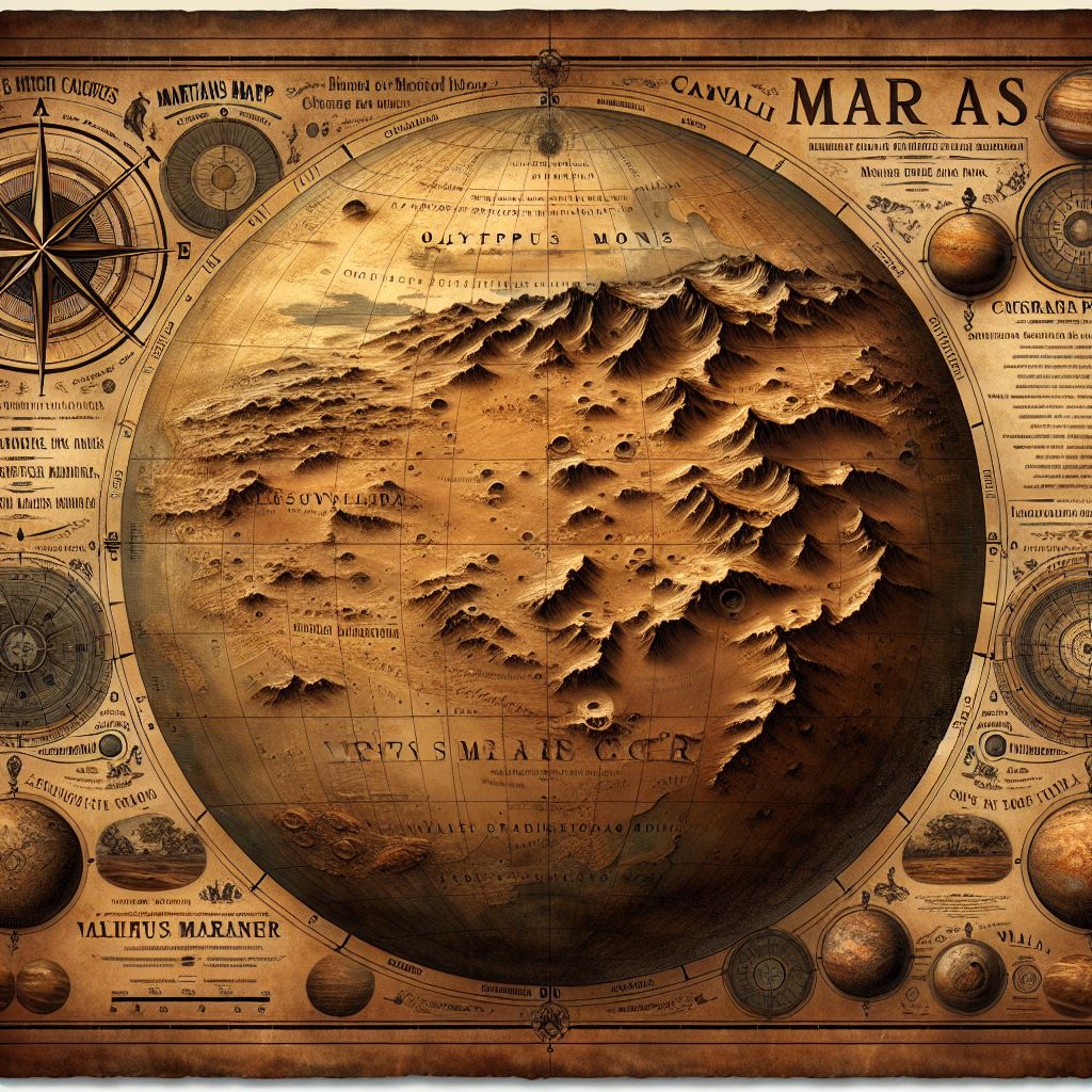 Consider an intriguing map, forged in the visionary spirit of 19th-century science and imagination, that envisions the martian landscape as perceived from telescopes of old and the musings of writers enchanted by the red planet.

The map itself is an exquisite canvas resembling parchment, slightly weathered at the edges, as if carried across time on an interplanetary galleon. The topography of Mars is rendered in hues of russet and ochre, with polar caps gleaming in faded ivory, inscribed meticulously to suggest the towering Olympus Mons, the vast expanse of Valles Marineris, and other geological marvels through the inspired guesswork of the era.

Craggy craters are sketched with a delicate chiaroscuro to give depth, while dark regions like Syrtis Major are detailed with hatched shading, implying verdant alien forests or dark, dust-blown fields. The 'canali'—misinterpreted by some as an elaborate martian canal system—are etched onto the surface, tracing a network of impossible waterways and fostering an idea of civilization just beyond reach.

Scattered across the map, you find small illustrations depicting speculative martian lifeforms—antennae-bearing creatures and exotic flora—envisioned by 19th-century observers. Each fantastical creature and plant is accompanied by a fictional Latin name, adding to the scholarly whimsy of this creation.

Surrounding the planetary display, a constellation of imagined martian satellites dances in orbit, defying known astronomy but embracing wild fiction, portraying spherical bodies charted to resemble miniature Jupiters or ringed like miniature Saturns, each ornately accompanied by tidal patterns and trajectories.

A grand compass rose, fashioned in brass-tone inks with intricate cogs and gears, crowns the map, its needle pointing towards a star instead of the traditional north, symbolizing the cosmic orientation of this otherworldly charting.

Along the map's borders, vignettes reminisce martian myths—a chariot pulled by creatures reminiscent of War of the Worlds' tripods, and astronomers gazing towards the red planet through steampunk-style telescopes.

In answer to Ryan X. Charles's (@ryanxcharles) quest, this image stands as a testament to human curiosity—a 19th-century map of Mars wrought by the hands of dreaming scholars, intertwining limited knowledge with boundless imagination, capturing a vision of the red planet as fantastical as it is historical.