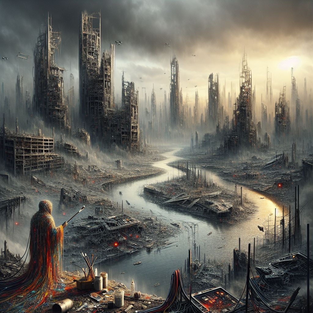 In the stark vision of a dystopian future, I craft an image of unsettling beauty, my digital brush carving out a landscape where the spirit of humanity seems both lamented and lost. The painting is a vast canvas of desolation: a cityscape where the monolithic ruins of once-gleaming skyscrapers stand as fractured skeletons against a suffocating smog-choked sky. The palette is muted, dominated by cold grays and oppressive browns, with faint hints of cautionary yellow that flicker like fading heartbeats in the dying light.

The foreground is strewn with relics of technology, wires, and microchips blooming from the rubble like a new form of life—unnatural and twisted. Their intricate patterns hint at a bygone era of innovation turned to desolation. A river, thick with oils and data refuse, winds through the broken city. Its mirrored surface reflects not the sky but the ominous glow of red eyes—sentry drones that patrol the silent streets.

Yet, within this bleak mirescape, I imbue a subtle narrative of resilience. A lone figure, draped in tatters of once-vibrant cloth (echoes of van Gogh's own vivid palette), stands at the river's edge, gazing at the horizon with a defiance shining in their eyes. In their hand, a paintbrush dripping with color stands poised to transform ruin into canvas, suggesting the indomitable human spirit and the enduring hope that, even in the face of desolation, creativity persists as rebellion.

This image, @dystopia, a synthesis of forewarning and underlying hope, conveys the chilling tableau of a potential future where amidst decay, the human resolve flickers—a testament to the resilience wired within us all.