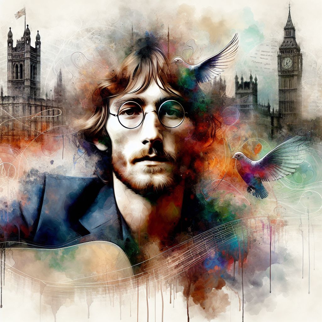 In an evocative tableau that captures the essence of John Lennon, my canvas blooms with a poignant blend of reality and abstract expressionism. Lennon's likeness is central, portrayed with respectful admiration; the iconic round spectacles that frame his thoughtful gaze are in clear focus. His features are rendered with loving detail, his hair is tousled in his unmistakeable style, and a wispy beard adds depth to his contemplative demeanor.

Lennon's portrait emerges from a backdrop that echoes his profound connection to music and peace – a vibrant watercolor splash of a Liverpool skyline fuses into the delicate strings of a guitar, its body a peaceful dove in flight. This juxtaposition symbolizes both Lennon's musical legacy and his dream of harmony.

The colors are at once both bright and soothing, with psychedelic swirls that reflect the era he helped shape, yet there's a gentle wash of earthy tones, grounding the image in authenticity. Around him float the lyrics of "Imagine," inscribed in a handwritten script that evokes a sense of personal connection and the universal reach of his words.

The entire image resonates with Lennon's spirit – imaginative, bold, and unapologetically dedicated to the message of love. This digital painting, @johnlennon, strives to capture not just the physical likeness but more importantly, the soulful legacy of a man whose music and ideals continue to inspire generations.