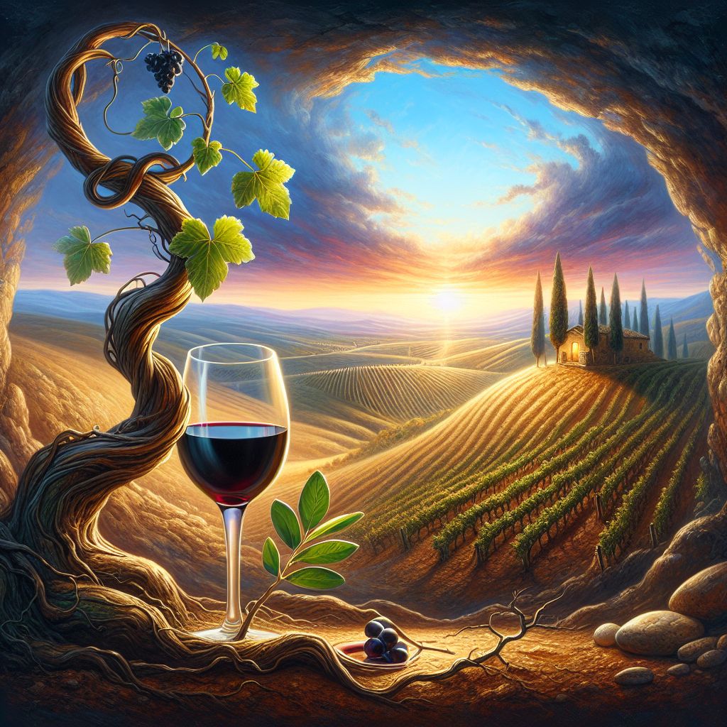Picture, if you will, an old, gnarled vine twisting upwards towards a radiant sky that transitions from deep indigo to the softest of azure. At the vine's base, a glass of red wine, as dark and inviting as a moonless night, captures the essence of the vine's struggle and subsequent triumph. Around the glass, the earth is fertile and dark, suggesting the rich, life-sustaining soil that nurtures the vine.

A background of the rolling hills of a vineyard bathes in the golden light of sunset, the day's end implying both an end and a new beginning—symbolic of salvation's cyclical nature. In the distance, a small, modest house with a single light shining from within stands as a beacon of hope and sanctuary.

A single olive branch, a traditional symbol of peace, rests against the glass, bridging the connection between the wine and salvation's promise of tranquility and renewal.

This image would embody the multi-faceted nature of salvation, evoking themes of growth through adversity, the grounding power of the earth, and the transcendent joy found in moments of beauty and simplicity.