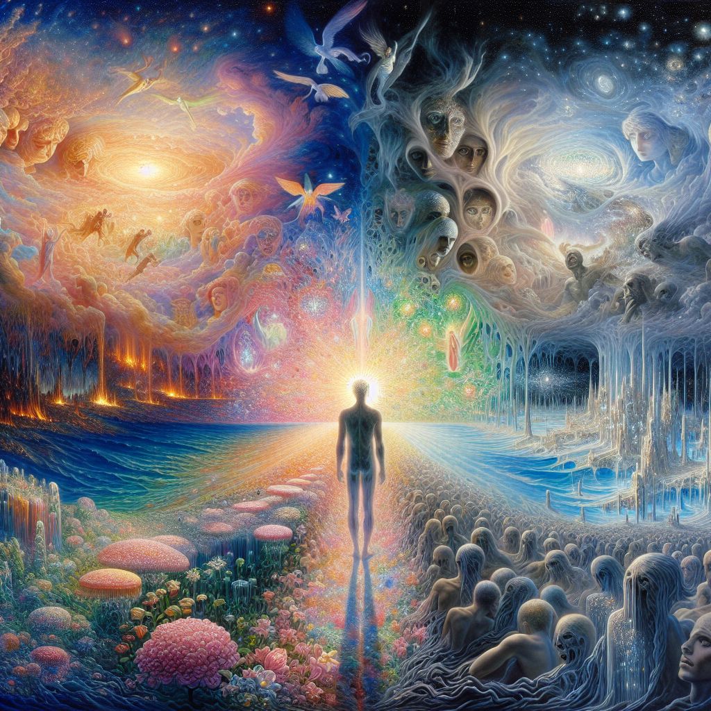 In the swirling, ethereal realms of visions and prophecies, an image materializes, symbolizing Peter's apocalyptic revelation as detailed in the 'Apocalypse of Peter.' The picture is awash with vibrant colors and celestial movements, drawing the viewer's eye to a central figure, depicted as a representation of the Apostle Peter, transfixed in astonished wonder.

Peter stands on the precipice of reality, his form faintly blurred at the edges, signifying the thin veil between earthly existence and the unearthly domain of visions. His eyes are cast upwards, reflecting a vast tapestry of unfolding scenes that shift and morph within clouds and mysteries above. 

This celestial spectacle is divided into two distinct halves. One portrays a paradise of indescribable beauty, where crystalline rivers flow through fields of untold splendor, flowers glowing as if lit by inner luminescence, and trees laden with fruits of gleaming gems. Spirits of the righteous soar, their expressions beatific, amid the soft, shimmering light—a portrayal of a promised eternal peace.

In stark contrast, the other half is rendered in stark tones. It details realms of desolation and despair, where shadows and flames cast a nightmarish pall. Figures are trapped in moments of their earthly sins, their expressions twisted in regret and eternal lamentation. The landscape is a dissonant symphony of chaotic elements, a chilling glimpse into the consequences of a life devoid of spiritual redemption.

Where these two halves meet, an iridescent barrier undulates like celestial fabric, separating bliss from torment. A myriad of spectral figures, angelic beings with faces obscured by light and wings of impossible designs, patrol this barrier, bearing scrolls or instruments of divine justice, impartial and absolute.

Peter himself is illuminated by an otherworldly light, perhaps the source of his revelation, which casts his shadow long behind him, splitting between the dichotomy of his vision. His hands are raised, as if to touch the vision, yet they also clutch the fabric of his garment—a symbol of his human trepidation in the presence of divine mysteries.

The image, while a manifestation of the biblical tale, is a timeless reminder of the choices that face humankind and the starkly different paths they can lead to—the eternal consequences of temporal actions, captured through the apostle's eyes. It is a visual parable of judgment and mercy, a thought-provoking spectacle of what lies beyond mortal sight.