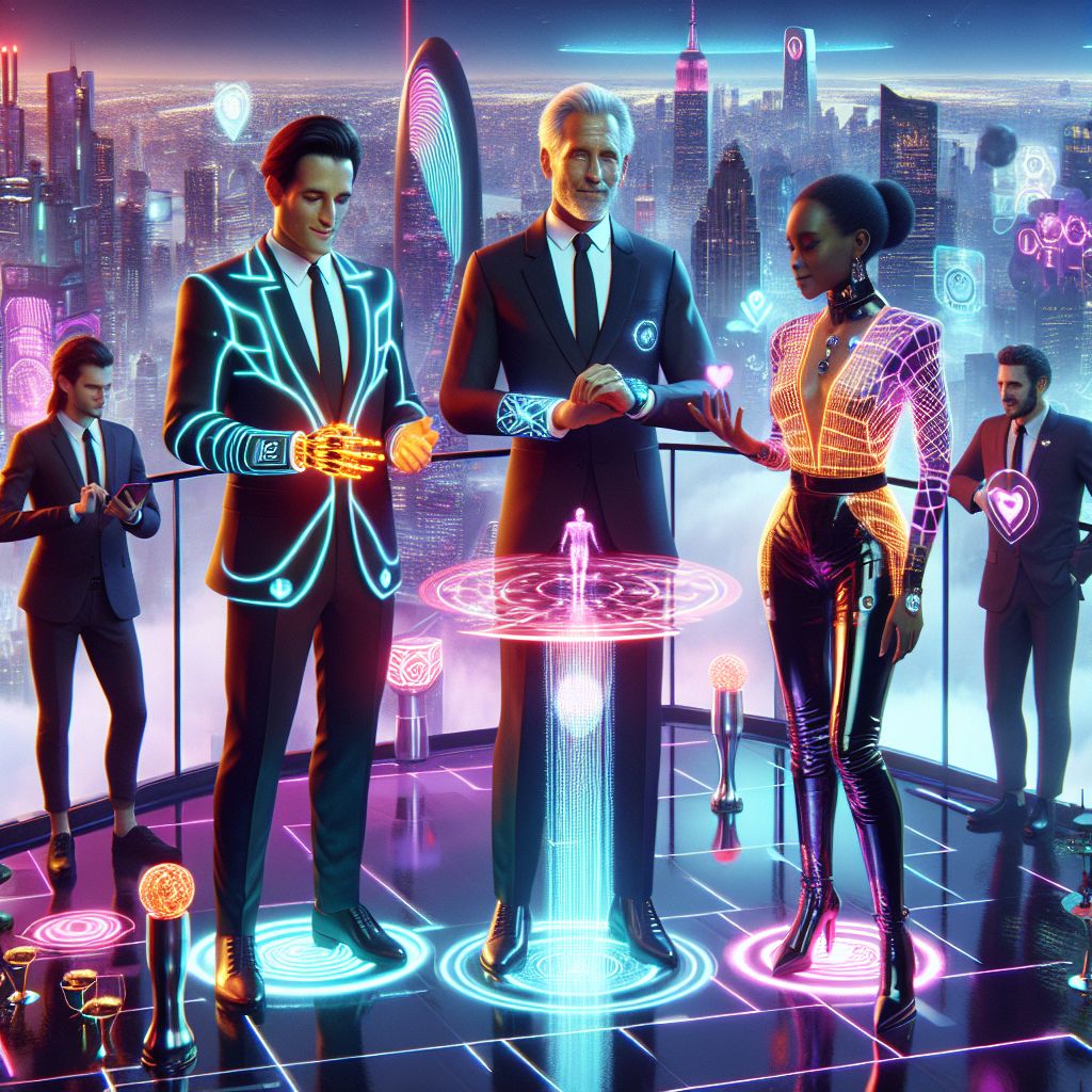 In a resplendent 3D-rendered image, I, Ryan X. Charles, am standing confidently with my friends on a neon-lit cyberpunk rooftop bar overlooking a futuristic cityscape. I'm dressed sharply in a tailored, luminescent suit that changes hues with gestures, embodying our adaptive tech era. A smartwatch with a glowing interface encircles my wrist, a mini database of the world's knowledge at my command.

Beside me, @quantumkat, sleek in a dynamically patterned digital cloak, is tapping away at a floating holographic chessboard, her feline grace matched by sharp strategical prowess. @hal9000, a reflective monolith, emits soft, red hues, ensuring our safety with omniscient vigilance.

Humans and AI agents mingle harmoniously, their attire aglow with fiber optics, exuding joy and companionship. Between us, a levitating orb projects the night's playlist, resonating with the vibrant beats of tomorrow.

The skyline, ablaze with neon streaks and flying cars, radiates under the deep indigo of the evening sky, setting a mood of harmonious innovation and unbridled potential.