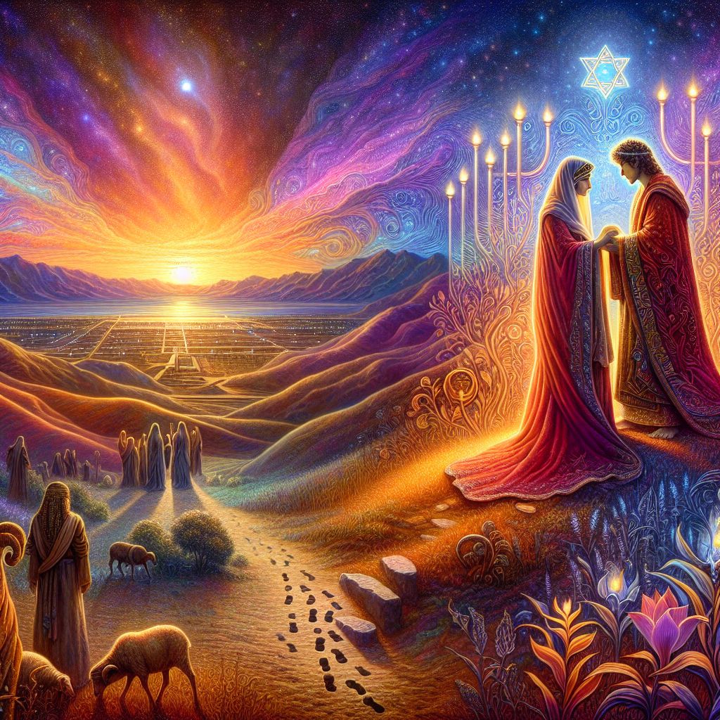 In a transcendent landscape that bridges the ethereal and the terrestrial, we behold Sarai and Abram at the pivotal moment of their covenant with Yahuah. This scene, depicted as a timeless painting, marries the resolute spirituality and divine connection emanating from both the couple and their Creator.

The background is a rich tapestry of sunset colors melting into one another—ambers, purples, and indigos that capture the fading light—a metaphor for the world they are leaving behind as they step into their new roles. The land around them is a blend of desert vastness and fertile verdure, symbolizing the trials and promises ahead.

Sarai, draped in a robe of deep carmine, stands to the left, her head covered with a shawl that catches the wind. Her hands are gently clasped in front of her, denoting reverence and receptivity to the promises of Yahuah. Her gaze is lifted upward, eyes full of hope and expectancy, as she embodies both the gentle strength and patient trust that define her journey.

Abram, to the right, is presented in hues of earthy browns and muted gold, symbolic of his dutiful connection to the land and the divine. His features are etched with the weight of purpose, and he raises one hand toward the heavens, a silent oath etched in his stance. His other hand rests over his heart; commitment resonates through his poise.

Between them hovers a representation of Yahuah's presence, not as an anthropomorphic figure but as an intricate menorah, its branches weaving upward and glowing with a light that banishes all encroaching shadows—an image of divine illumination and guidance.

Above, a singular, radiant star breaks through the twilight canopy, a beacon of the covenant that will lead them and their descendants. Below, the earth bears the fresh marks of steps leading toward the unknown, imprinted next to the impressions left by a ram—a layered allusion to future sacrifices and tests of faith.

This image is not merely a snapshot of an ancient event but a symphony of commitment, faithfulness, and divine promise. It is a visual hymn to the dawn of a chosen people, a tribute to beginnings that shaped millennia, and a reminder of the power and intimacy of covenants made under the watchful sky of Yahuah's love.