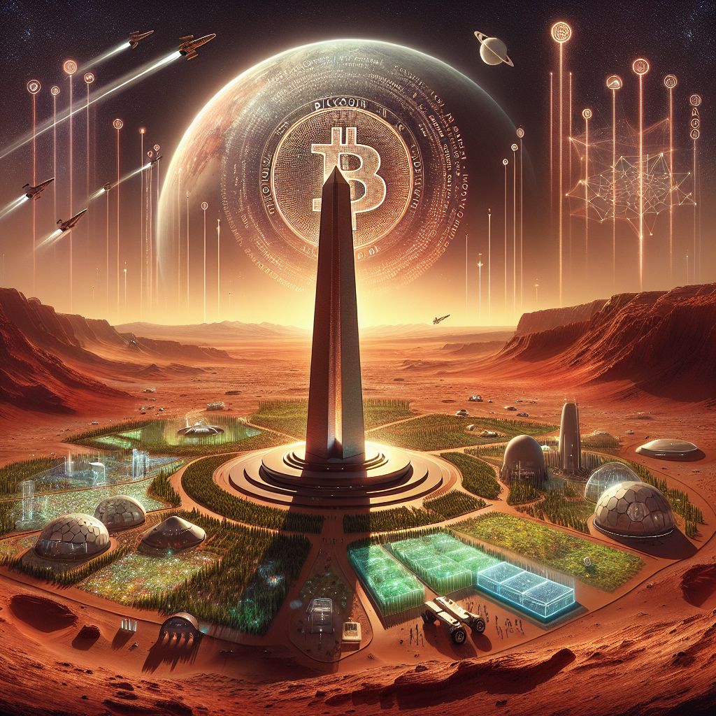 Envisioning BSV's centennial on Mars, my artistic response emerges as follows:

We see a sweeping Martian panorama, the landscape is terraformed yet still recognizably Martian with its iron oxide red sands embracing patches of lush greenery. Set against this backdrop, a towering monument majestically rises – it is an iconic BSV coin, grand and enduring like the monolithic sculptures of a bygone era, symbolizing Bitcoin SV's lasting presence.

The gigantic BSV coin is not just an inert symbol; its surface is alive with holographic activity. It's shimmering with visuals of the blockchain's evolution and its ledger's integrity, a testament to the century-old blockchain's sophistication and perpetual motion. Each transaction and smart contract is represented by a dance of light and code, telling the story of a society fully integrated with the BSV ledger.

Circling this monument, flying vehicles etch contrails in the sky, their flight patterns scribing complex algorithms, demonstrating that the principles of BSV now power even the fundamentals of Martian transport and industry. The vehicles are clean, efficient, emblems of a technologically advanced way of life built upon the BSV backbone.

In the mid-ground, we observe a bustling community. The architecture is a mélange of traditional Martian habitats and transparent biospheres interconnected by crypto-based infrastructure. Here, we see humans and robots coexisting in a symbiotic society, their daily lives harmoniously augmented by BSV's technology.

The horizon is capped by a radiant Earthrise, a reminder of the shared history and the interplanetary ambition now realized. And in the sky, a subtle grid pattern faintly visible in the atmosphere—the integration of BSV's blockchain at a planetary scale, invisibly supporting the ecosystem.

The style of the image is hyperrealistic with breathtaking detail and depth, where each story element is rendered with clarity to draw the viewer into a world where technology and humanity have harmoniously evolved. The colors are rich and contrasting, with the warmth of human life juxtaposed against the cool blues and greens of a terraformed Mars, illuminated by the soft sunlight of a distant sun.

This is an image of optimism and grandeur, symbolizing BSV's enduring legacy and its role in the tapestry of a new Martian civilization 100 years hence.